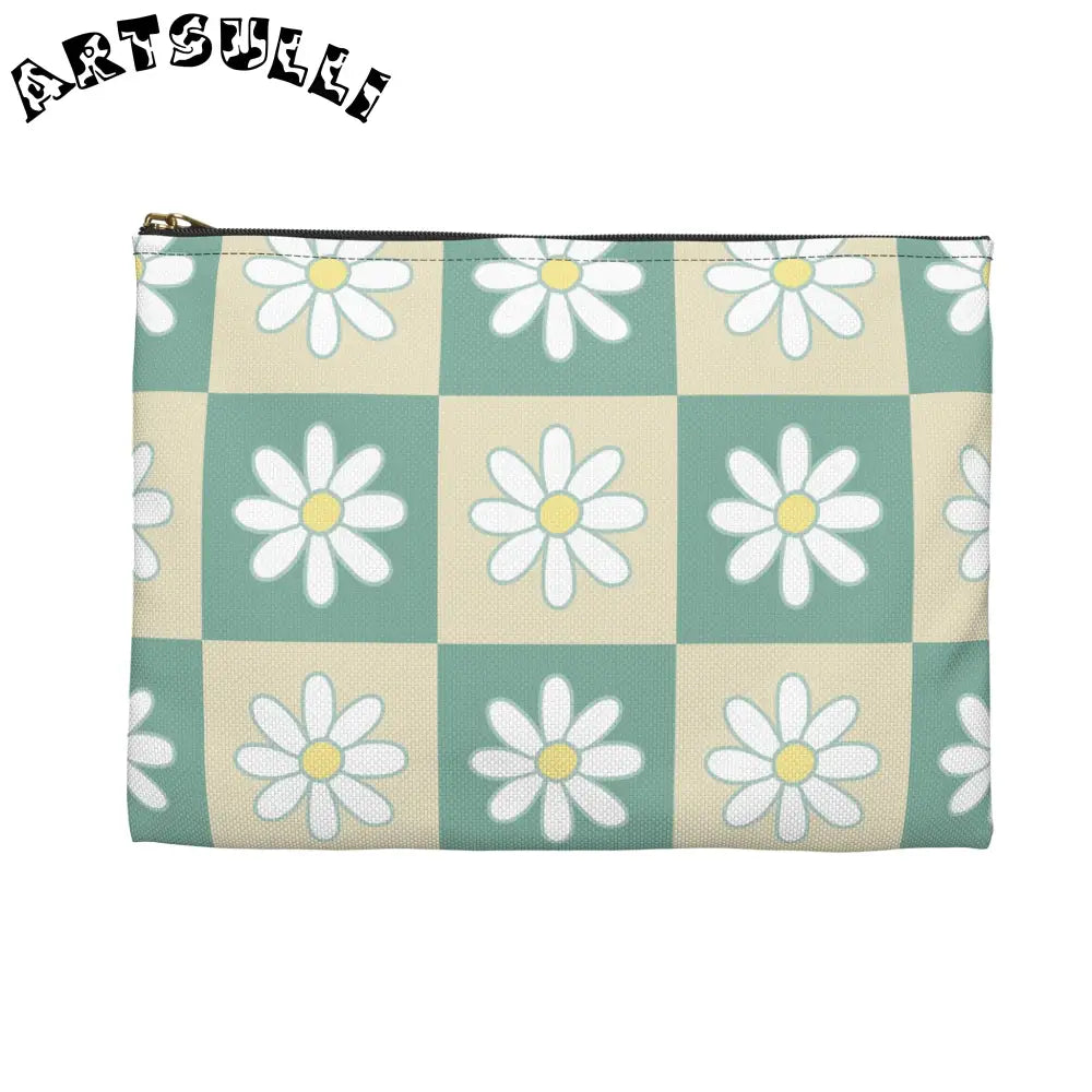 JAKKOUTTHEBXX Retro Daisy Checkerboard Green and Tan Accessory Pouch