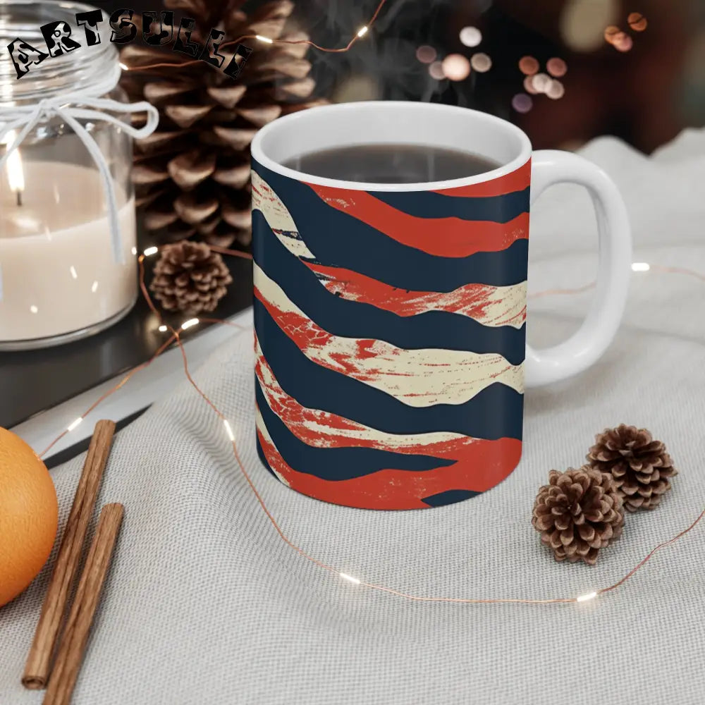 JAKKOUTTHEBXX White Ceramic Mug with Abstract Red Cream and Navy
