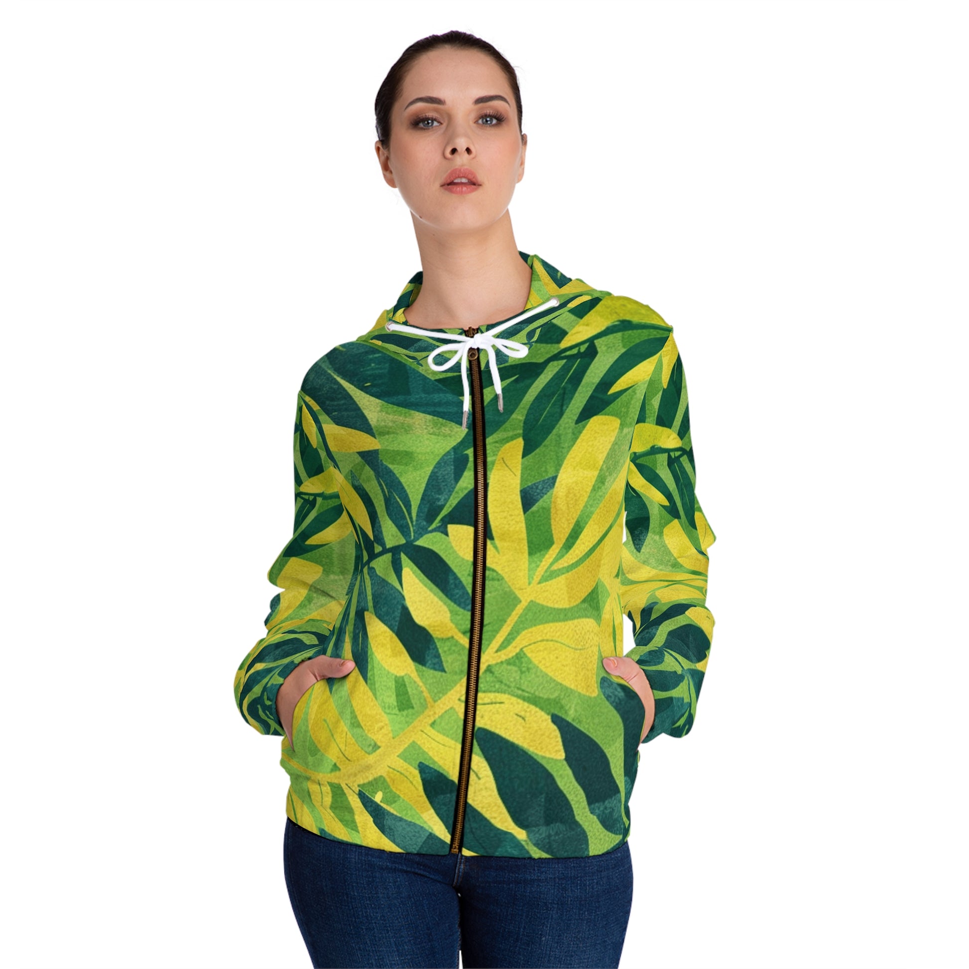 Green Leaf x Yellow Leaf x Tropical x Jungle Women’s Full-Zip Hoodie (AOP), Artsulli - Art is Long, Life is Short, All Over Prints, , , , , , , 