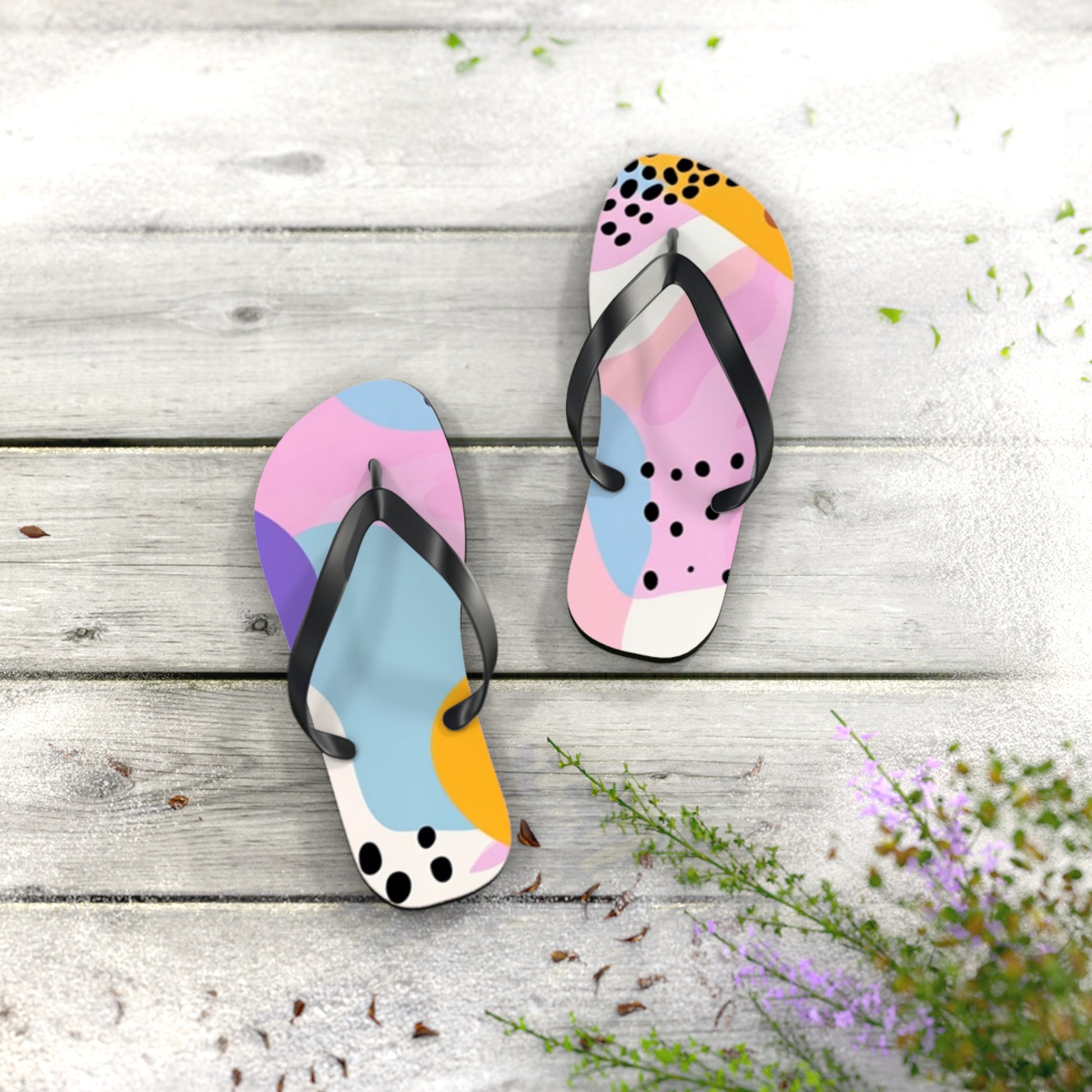 Colorful Abstract Dots and Shapes Flip Flops, Artsulli - Art is Long, Life is Short, Shoes, , , , , , , 