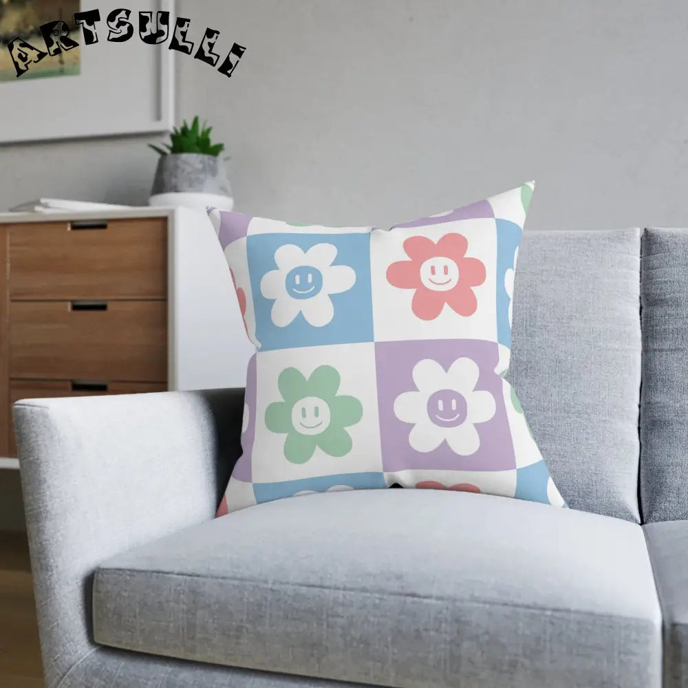 JAKKOUTTHEBXX Smiling Flower Checkered Faux Suede Square Pillow 2025