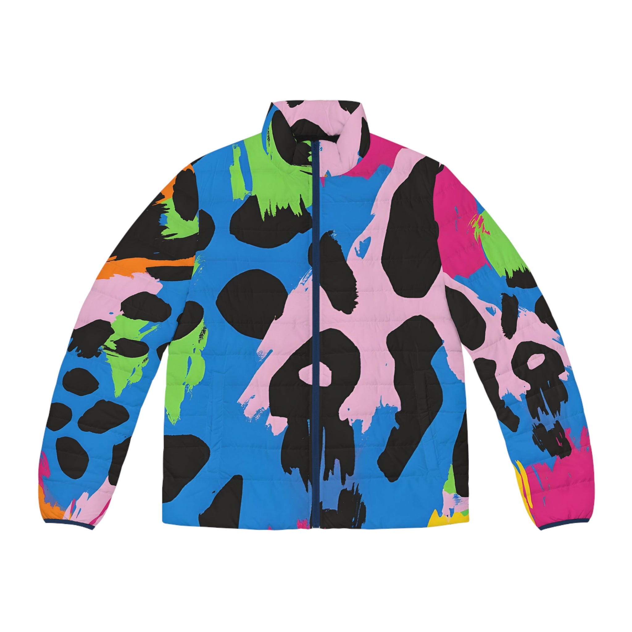 90s Neon Men's Puffer Jacket (AOP), Artsulli - Art is Long, Life is Short, All Over Prints, Size, S, Color, Dark blue zipper, , , 14773644610607599343