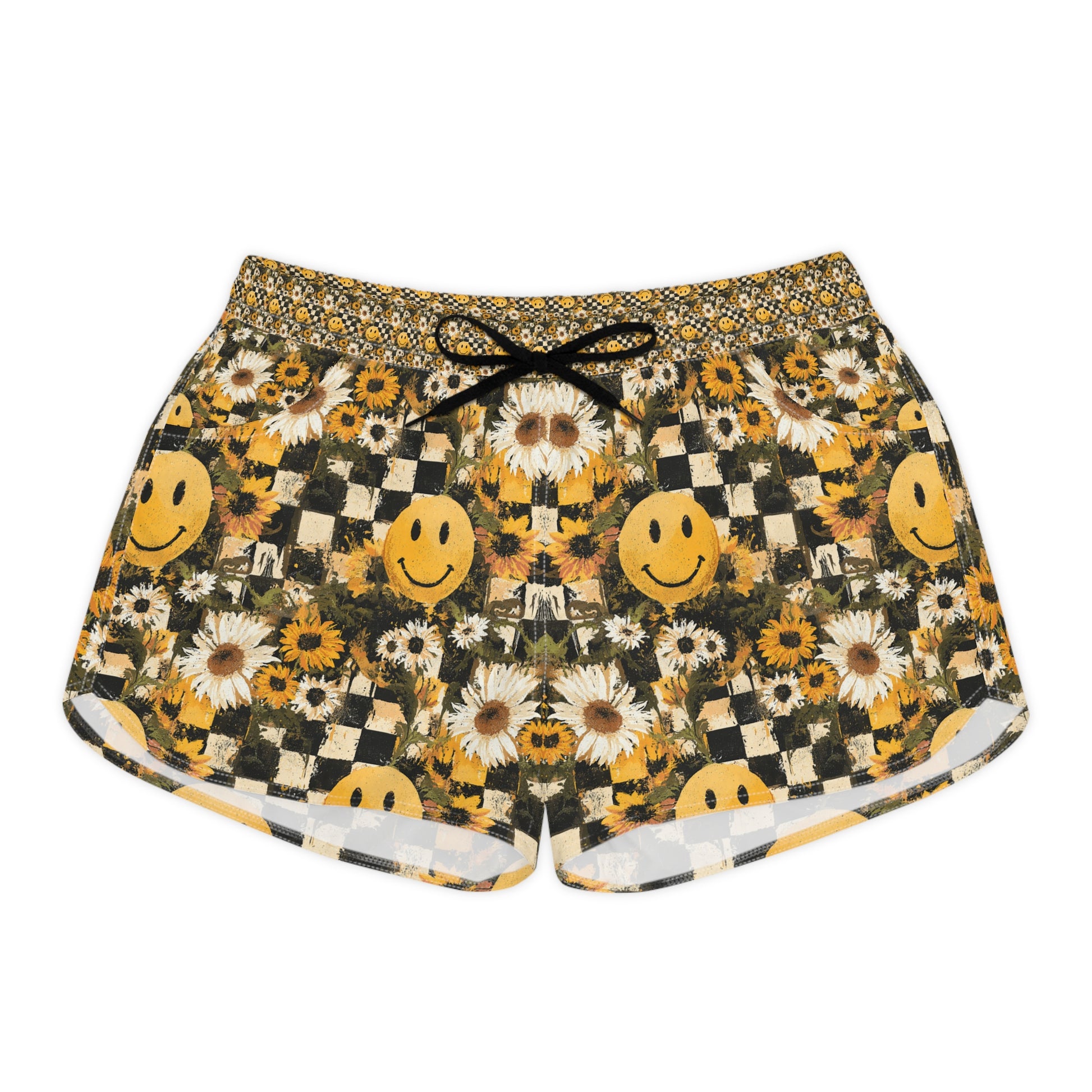 Smiley Face x Checkerboard x Sunflowers x Trippy x Vintage Black and Yellow Women's Casual Shorts (AOP), Artsulli - Art is Long, Life is Short, All Over Prints, Size, S, Color, Black drawstring, , , 18236258280597217918