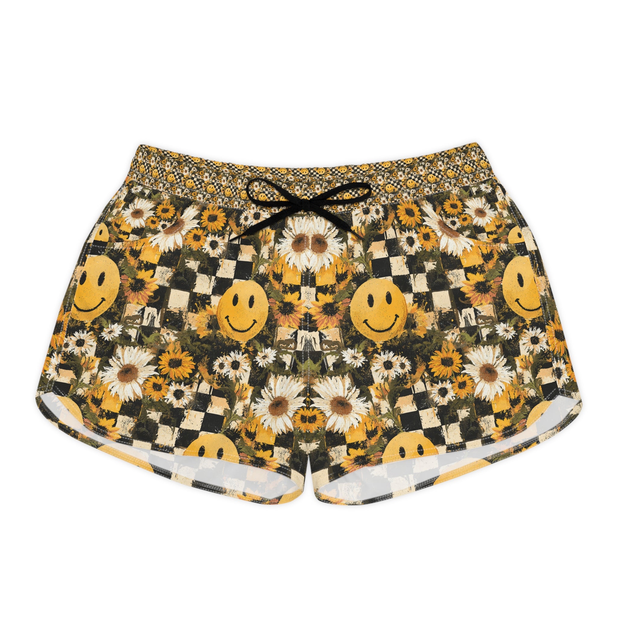 Smiley Face x Checkerboard x Sunflowers x Trippy x Vintage Black and Yellow Women's Casual Shorts (AOP), Artsulli - Art is Long, Life is Short, All Over Prints, Size, S, Color, Black drawstring, , , 18236258280597217918