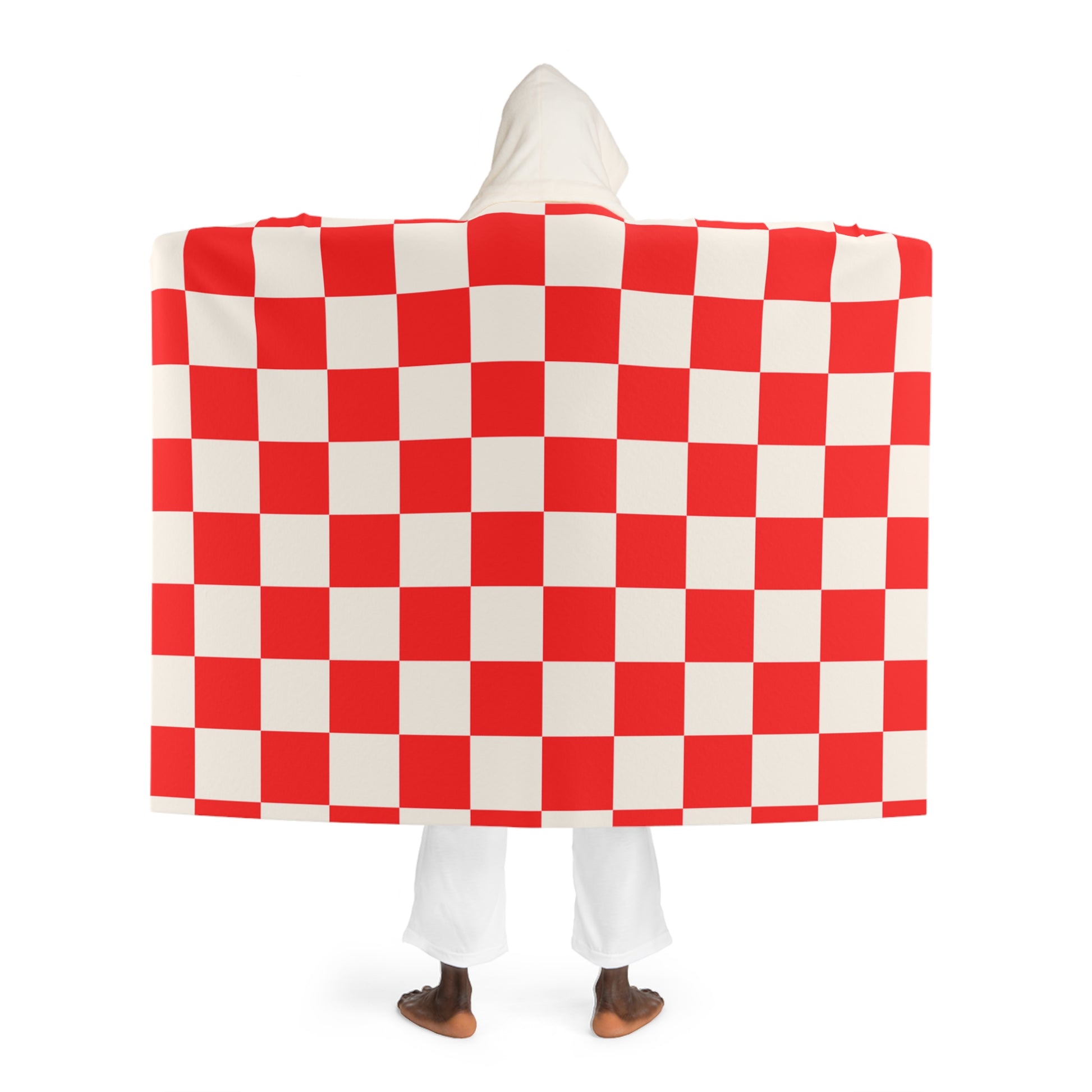 Checkerboard Red and White Hooded Sherpa Fleece Blanket, Artsulli - Art is Long, Life is Short, All Over Prints, , , , , , , 