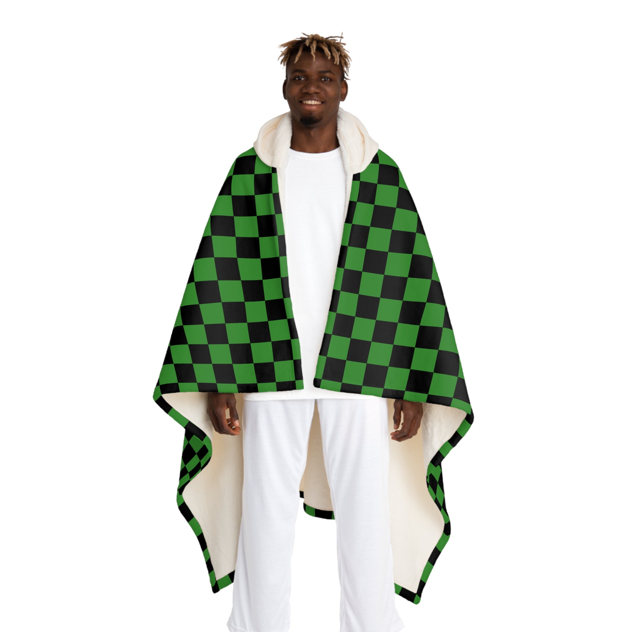 Checkerboard II Green and Black Hooded Sherpa Fleece Blanket, Artsulli - Art is Long, Life is Short, All Over Prints, Size, One size, Color, Cream, , , 15884434992057688966