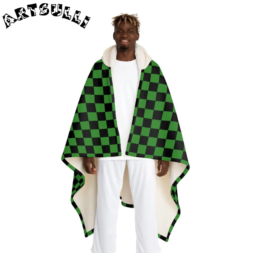 JAKKOUTTHEBXX Checkerboard II Green and Black Hooded Sherpa Fleece