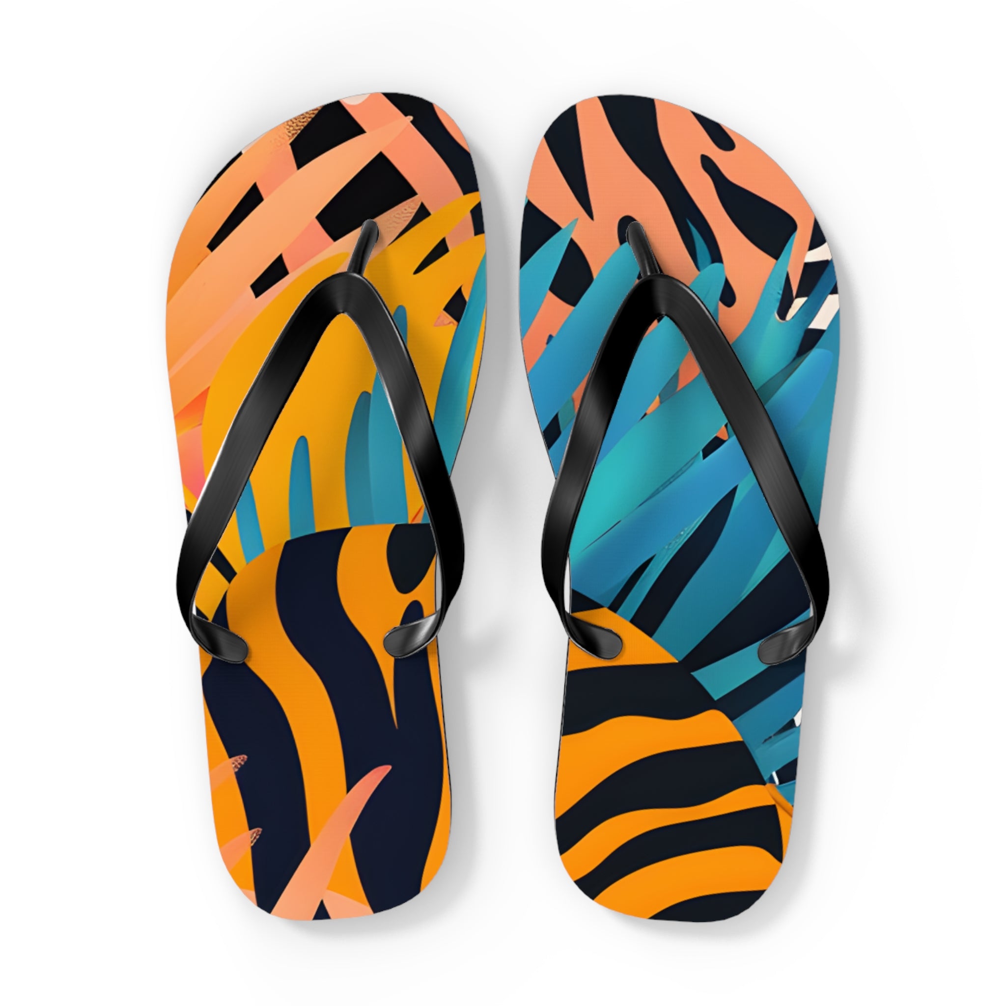 Palm Leaves x Zebra Stripes x  Tiger Stripes Orange and Blue Flip Flops, Artsulli - Art is Long, Life is Short, Shoes, Size, XL, Color, Black sole, , , 88183802481528