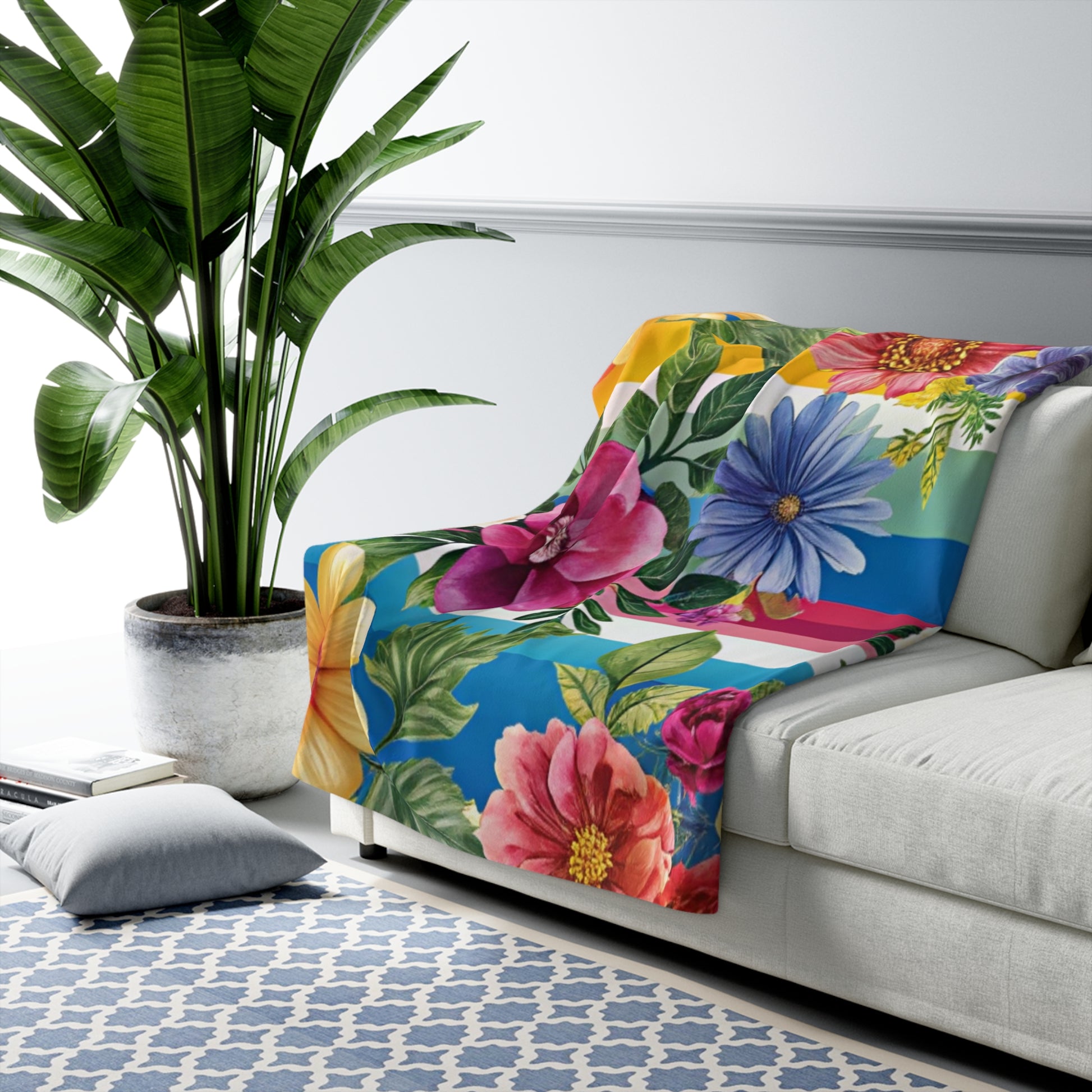 Floral Stripe 4K Sherpa Fleece Blanket, Artsulli - Art is Long, Life is Short, Home Decor, , , , , , , 