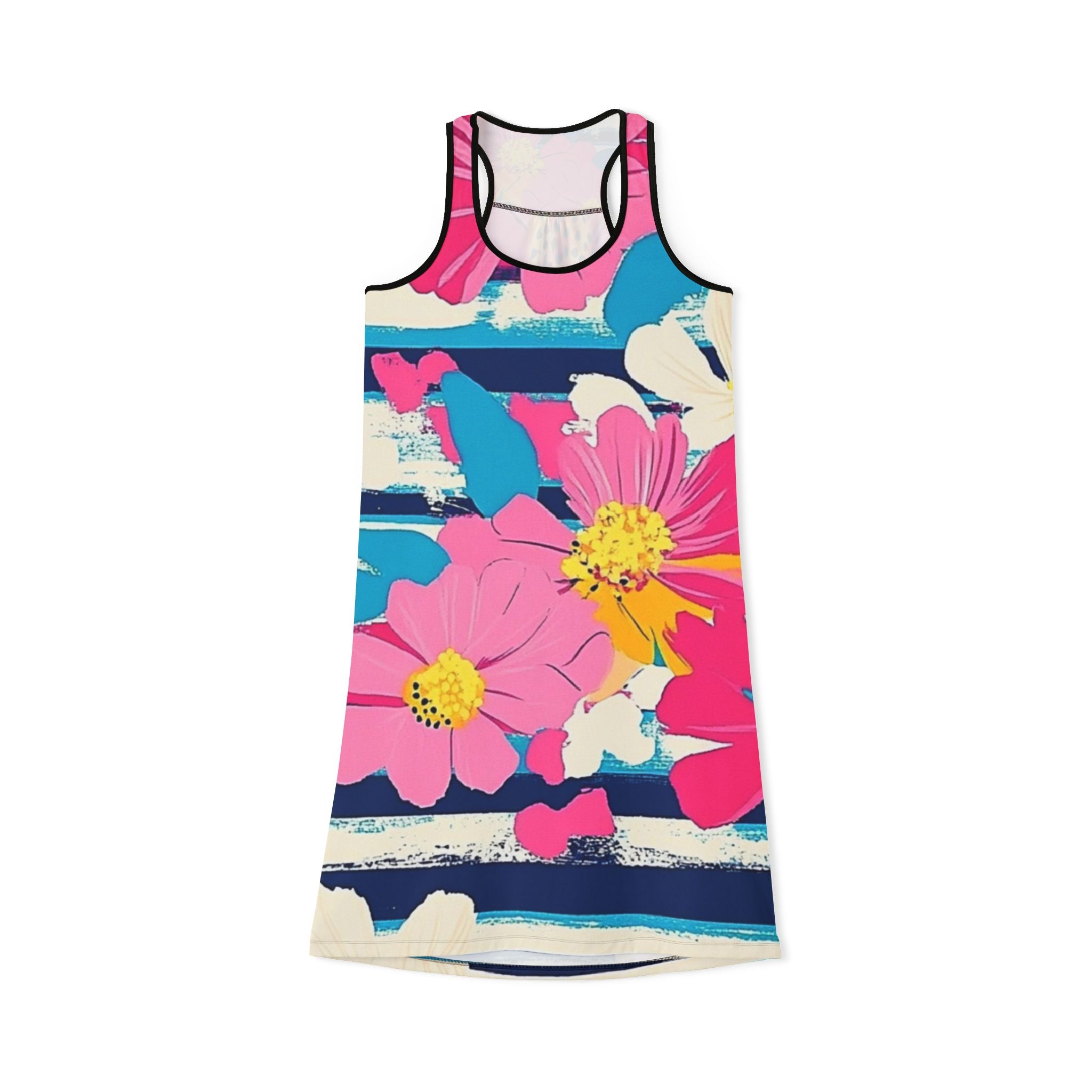 Dayglo Floral Stripes Multi-Color Women's Racerback Dress (AOP), Artsulli - Art is Long, Life is Short, Tank Top, Size, XS, Color, Black, , , 39183872547114