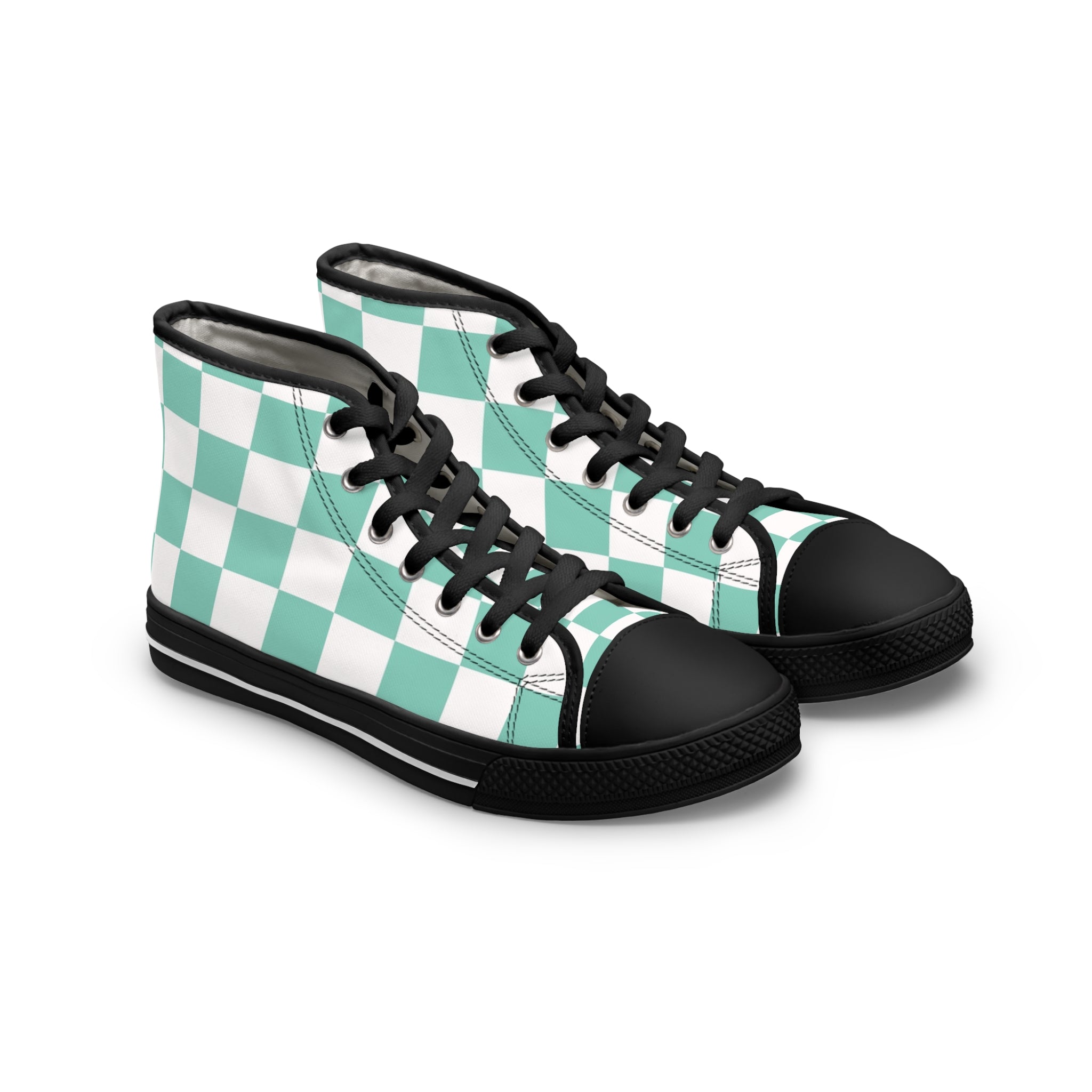 Checkerboard Light Green Women's High Top Sneakers, Artsulli - Art is Long, Life is Short, Shoes, Size, US 5.5, Color, Black sole, , , 10785968057198600938