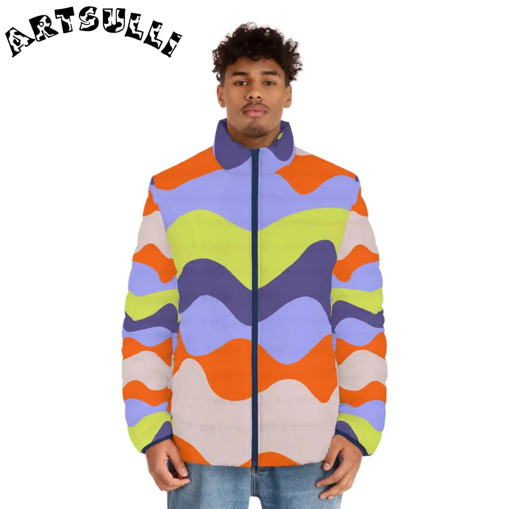 JAKKOUTTHEBXX Waves Red and Blue Men’s Puffer Jacket (AOP)