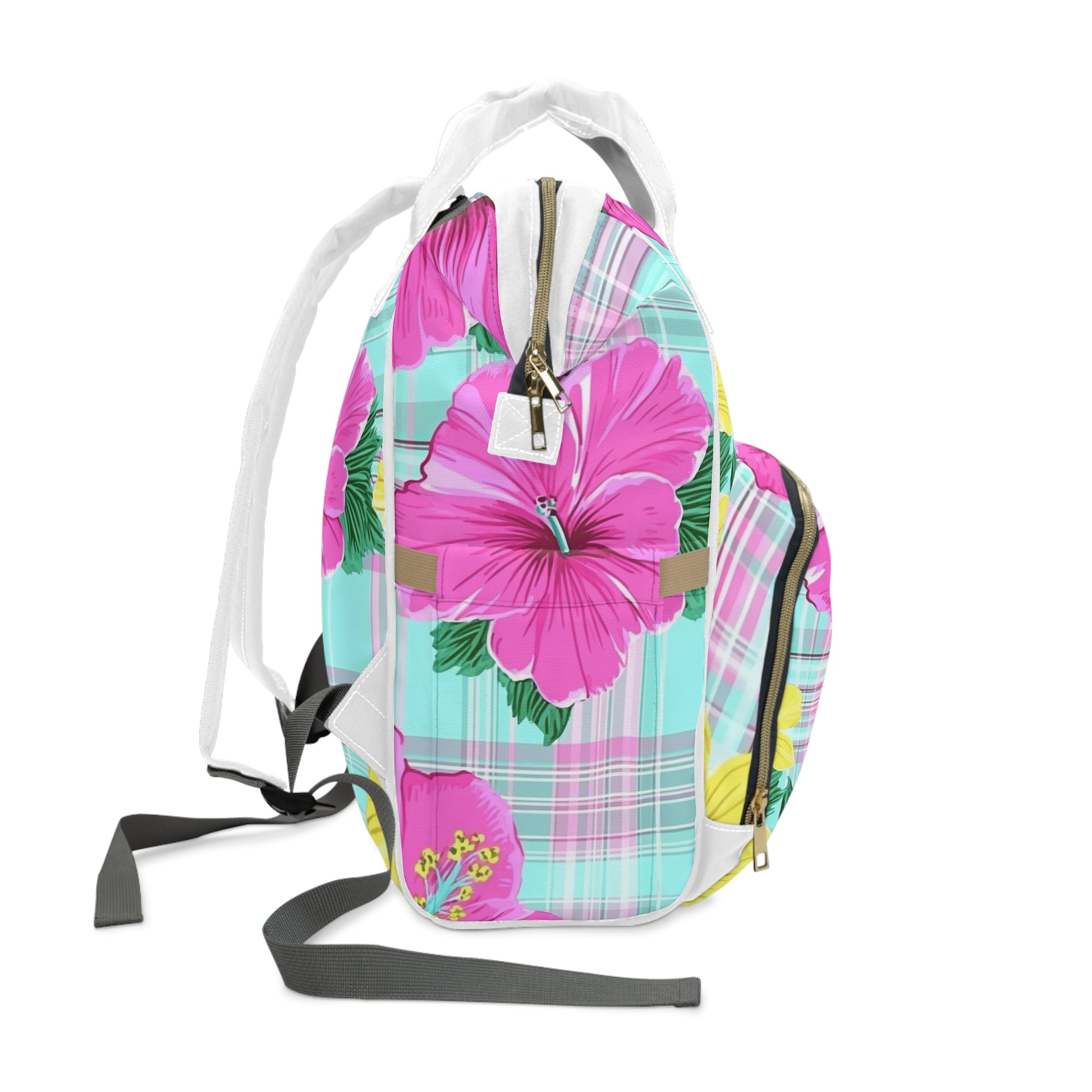 Plaid Hibiscus Pink and Yellow Multifunctional Diaper Backpack, Artsulli - Art is Long, Life is Short, Bags, , , , , , , 