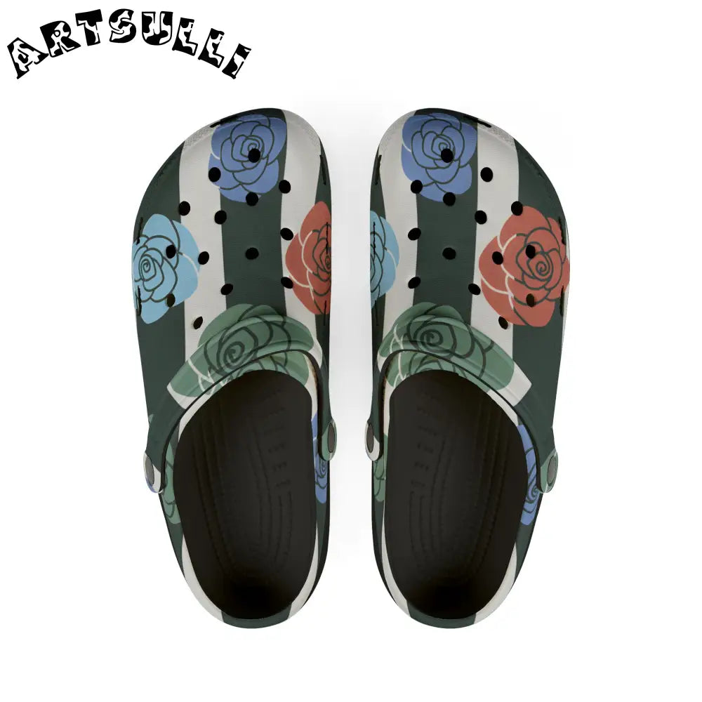 JAKKOUTTHEBXX Stripes x Roses Black and White EVA Foam Rubber Shoes
