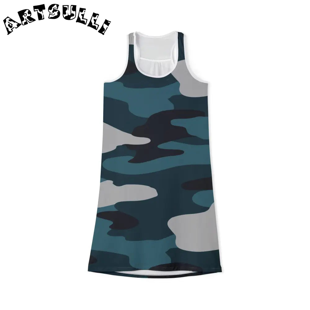 JAKKOUTTHEBXX Blue Camouflage Women’s Racerback Dress (AOP)