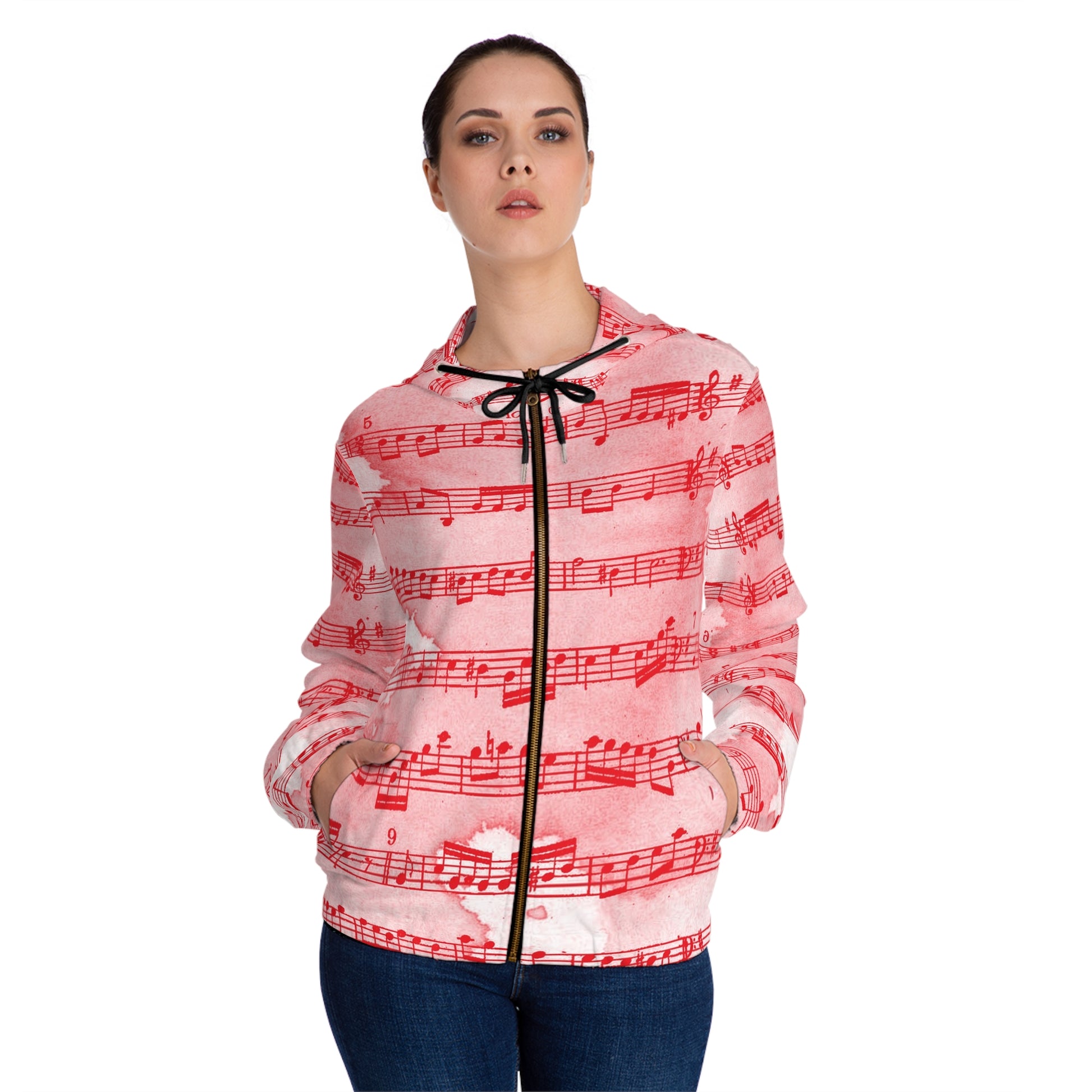 Drip Spill Type Beat Sheet Music Red Women’s Full-Zip Hoodie (AOP), Artsulli - Art is Long, Life is Short, All Over Prints, , , , , , , 