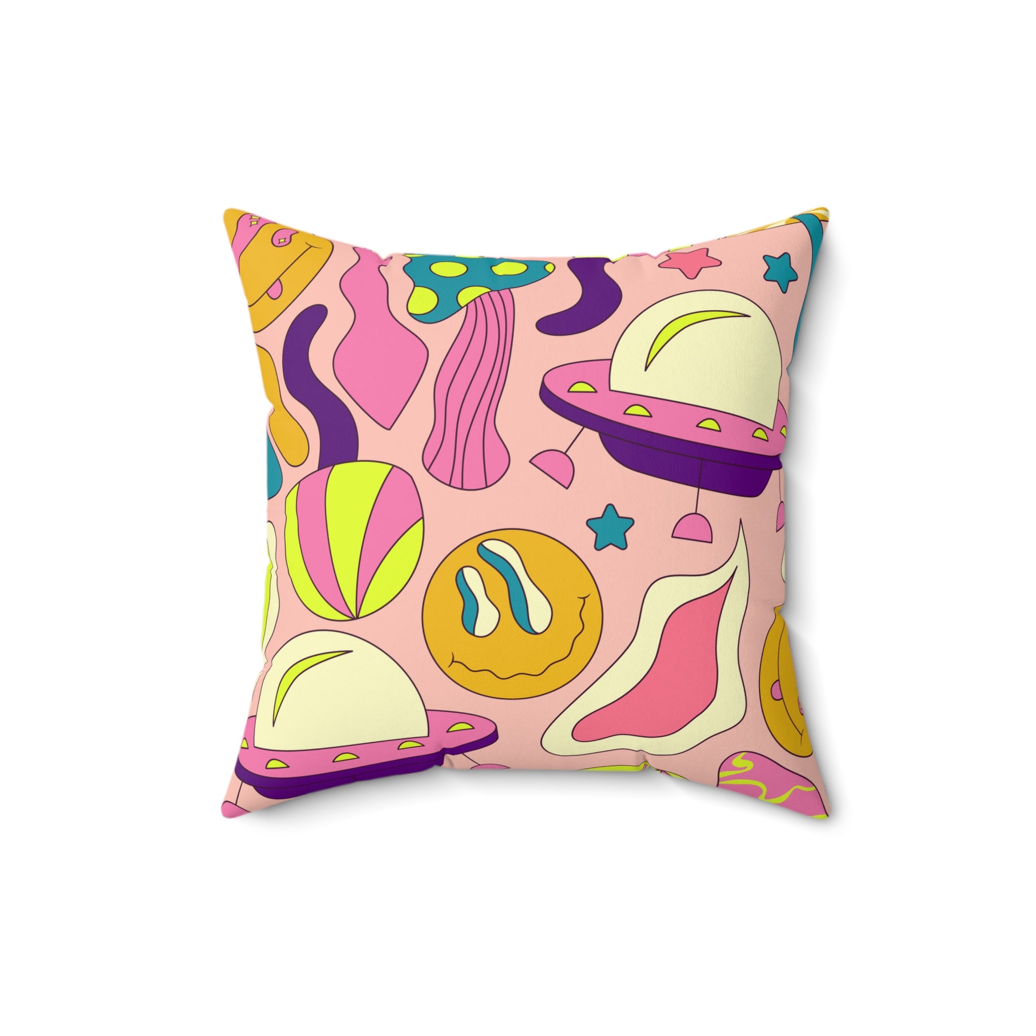 Trippy Spaceships Pink Spun Polyester Square Pillow, Artsulli - Art is Long, Life is Short, Home Decor, , , , , , , 