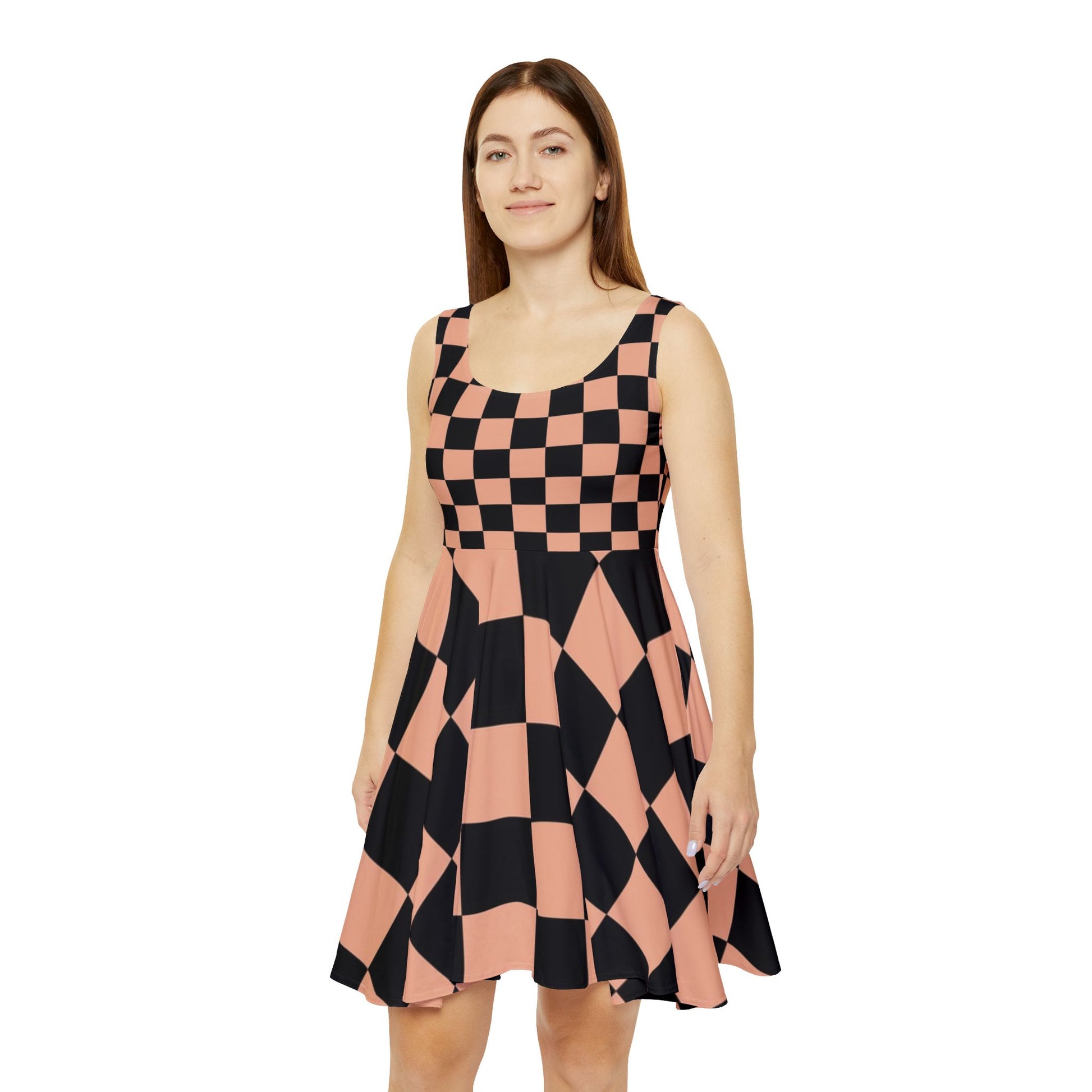 Checkerboard Soft Orange and Black Women's Skater Dress (AOP), Artsulli - Art is Long, Life is Short, All Over Prints, , , , , , , 