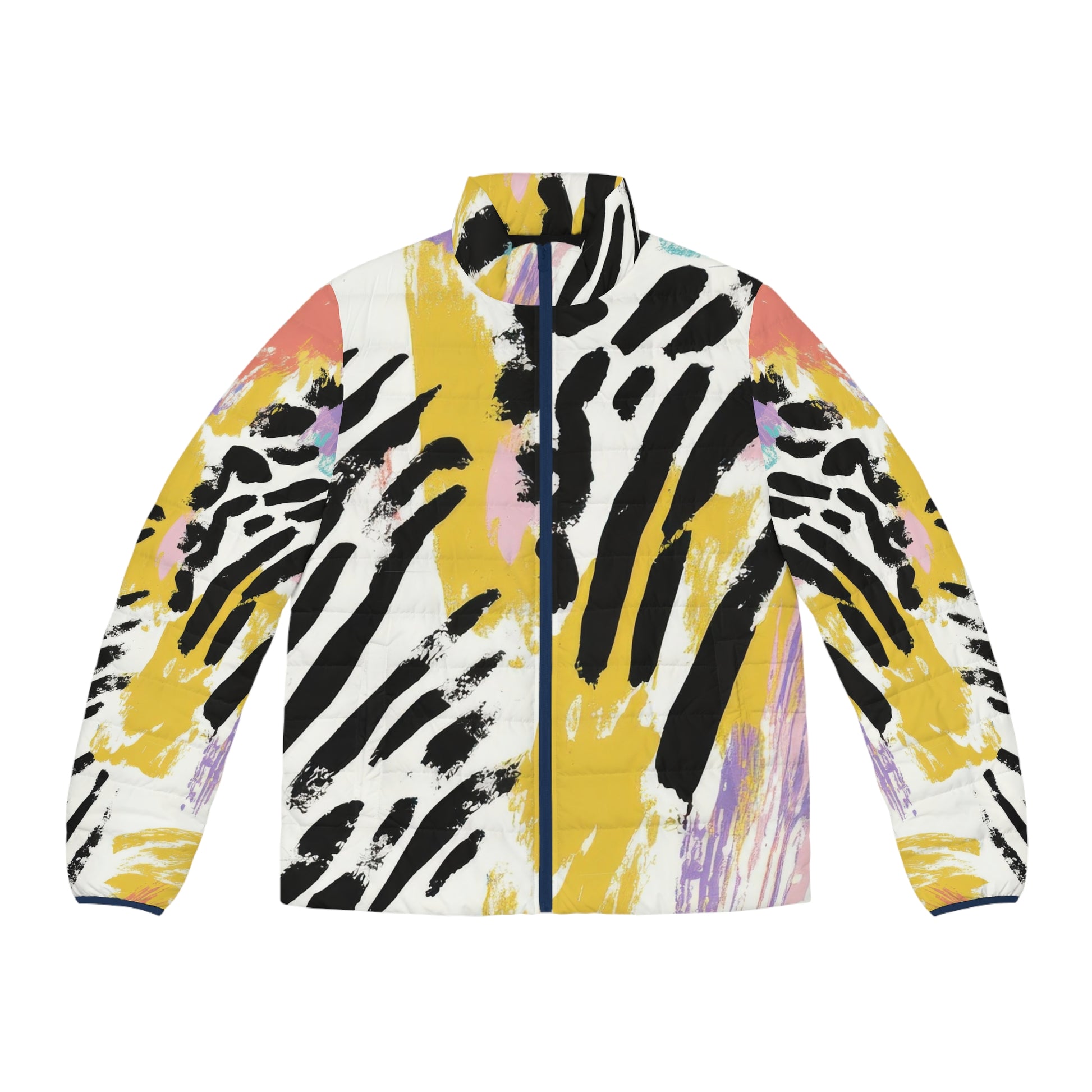 Wild Zebra Stripes x Paint Brush Strokes Multi-Color Men's Puffer Jacket (AOP), Artsulli - Art is Long, Life is Short, All Over Prints, Size, S, Color, Dark blue zipper, , , 15911506298896