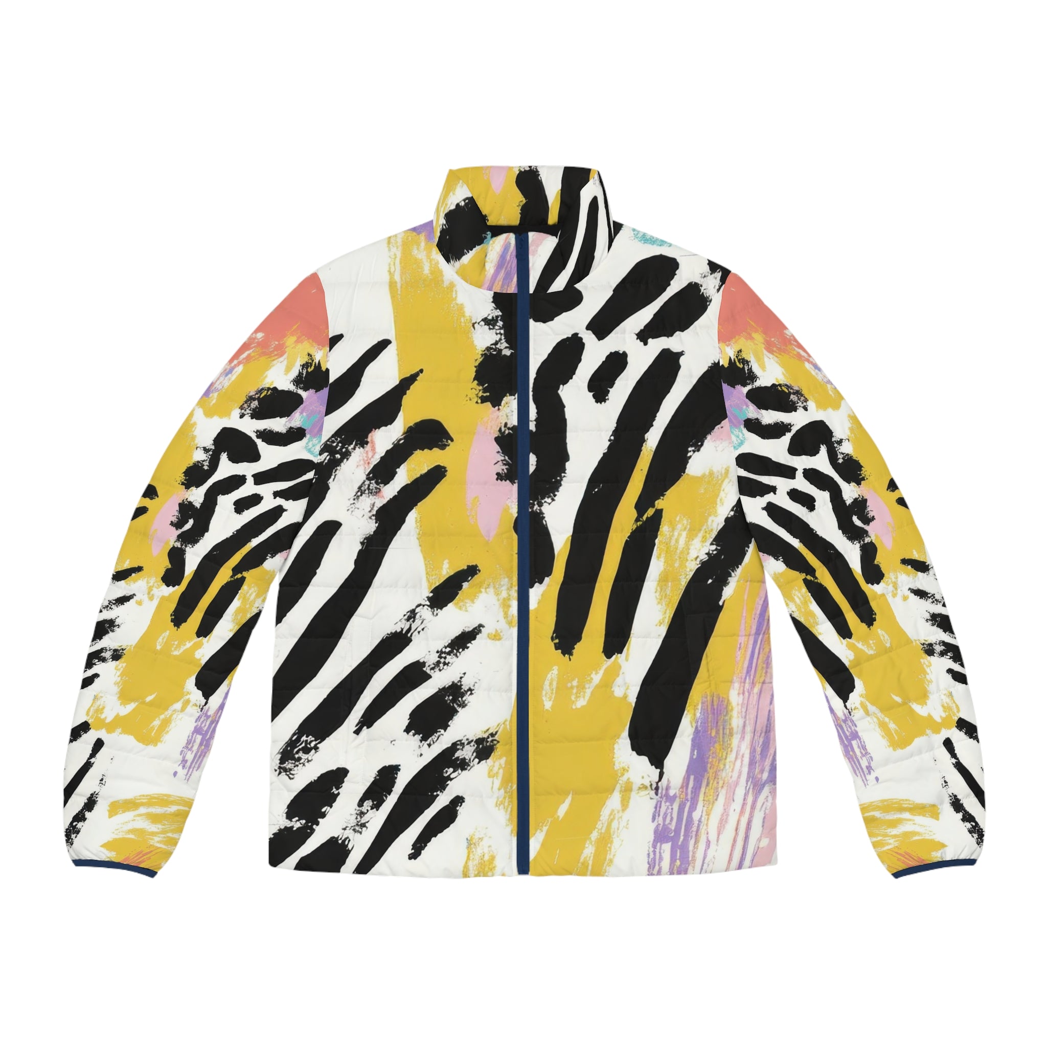 Wild Zebra Stripes x Paint Brush Strokes Multi-Color Men's Puffer Jacket (AOP), Artsulli - Art is Long, Life is Short, All Over Prints, Size, S, Color, Dark blue zipper, , , 15911506298896