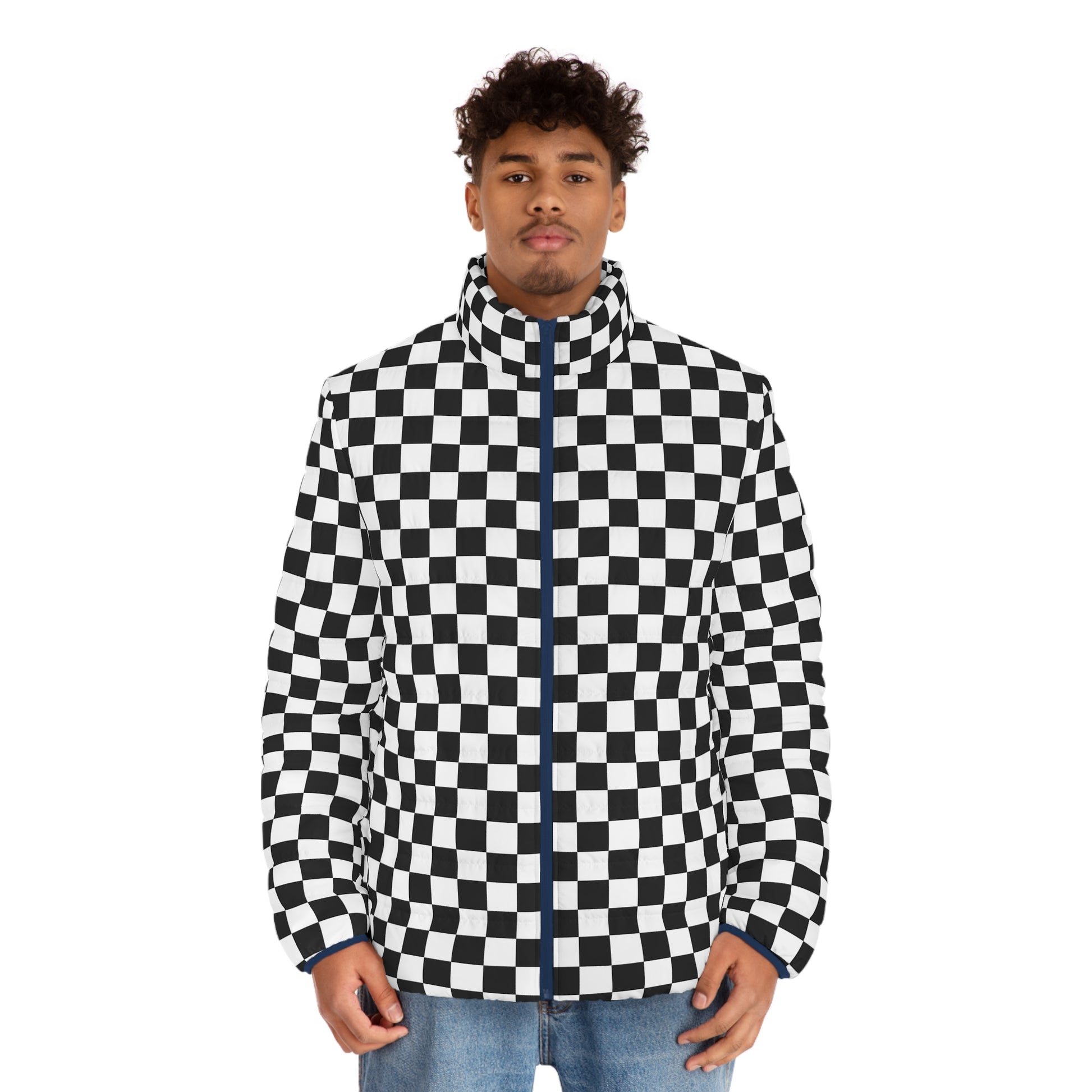 Checkerboard White and Black Men's Puffer Jacket (AOP), Artsulli - Art is Long, Life is Short, All Over Prints, , , , , , , 