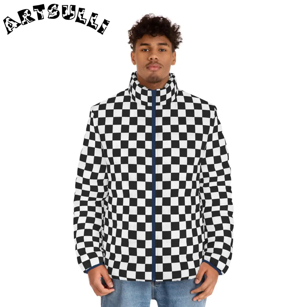 JAKKOUTTHEBXX Checkerboard White and Black Men’s Puffer Jacket (AOP)