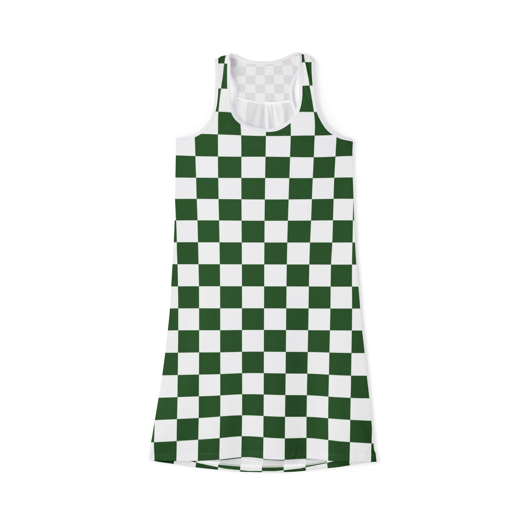 Checkerboard White and Dark Green Women's Racerback Dress (AOP), Artsulli - Art is Long, Life is Short, Tank Top, Size, XS, Color, White, , , 31315828436345055789