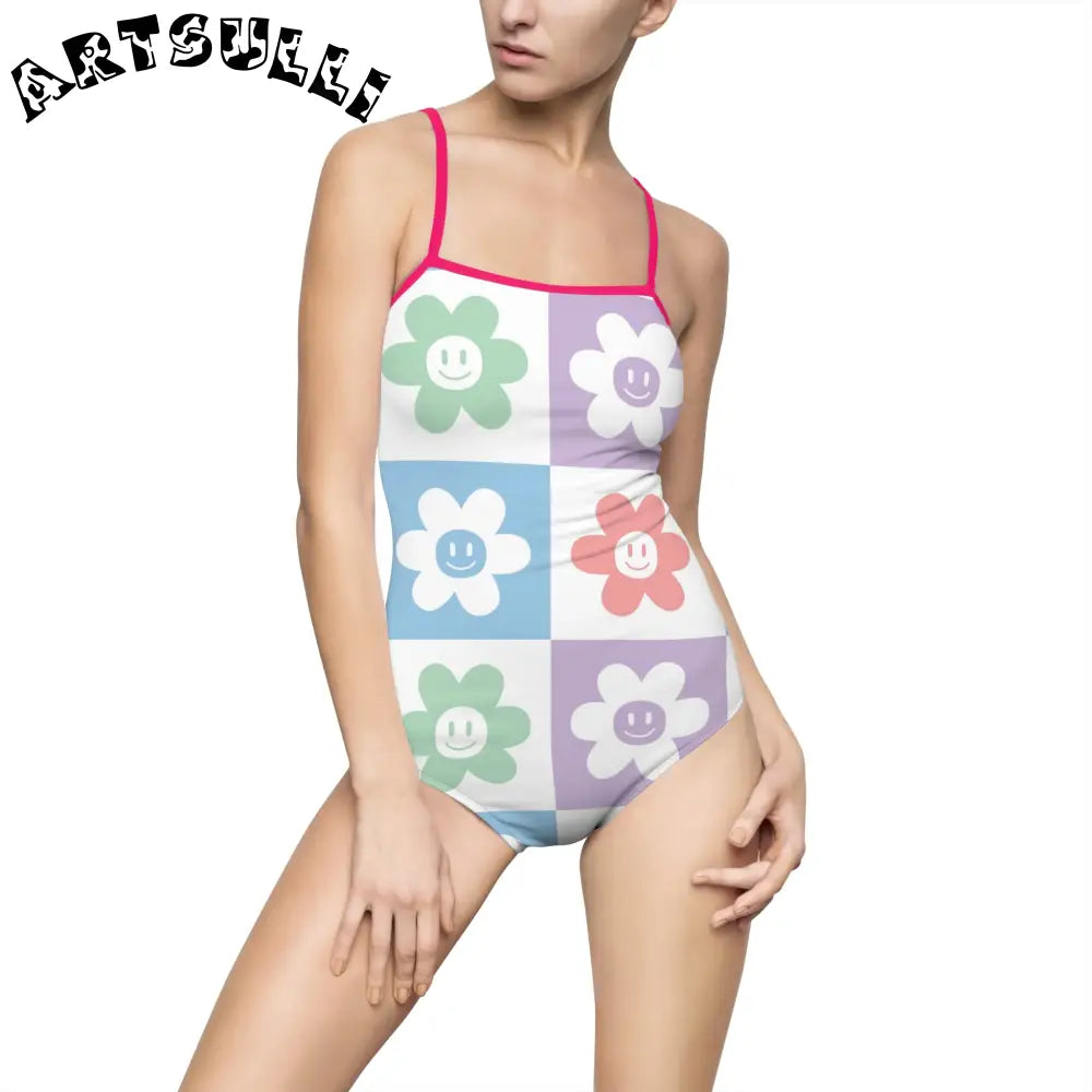 JAKKOUTTHEBXX Smiling Flower Checkerboard One-Piece Swimsuit 2025
