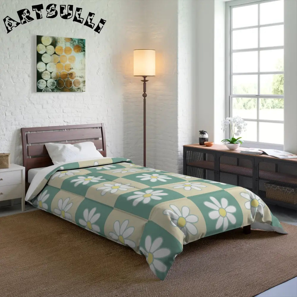 JAKKOUTTHEBXX Retro Daisy Checkerboard Green and Tan Comforter