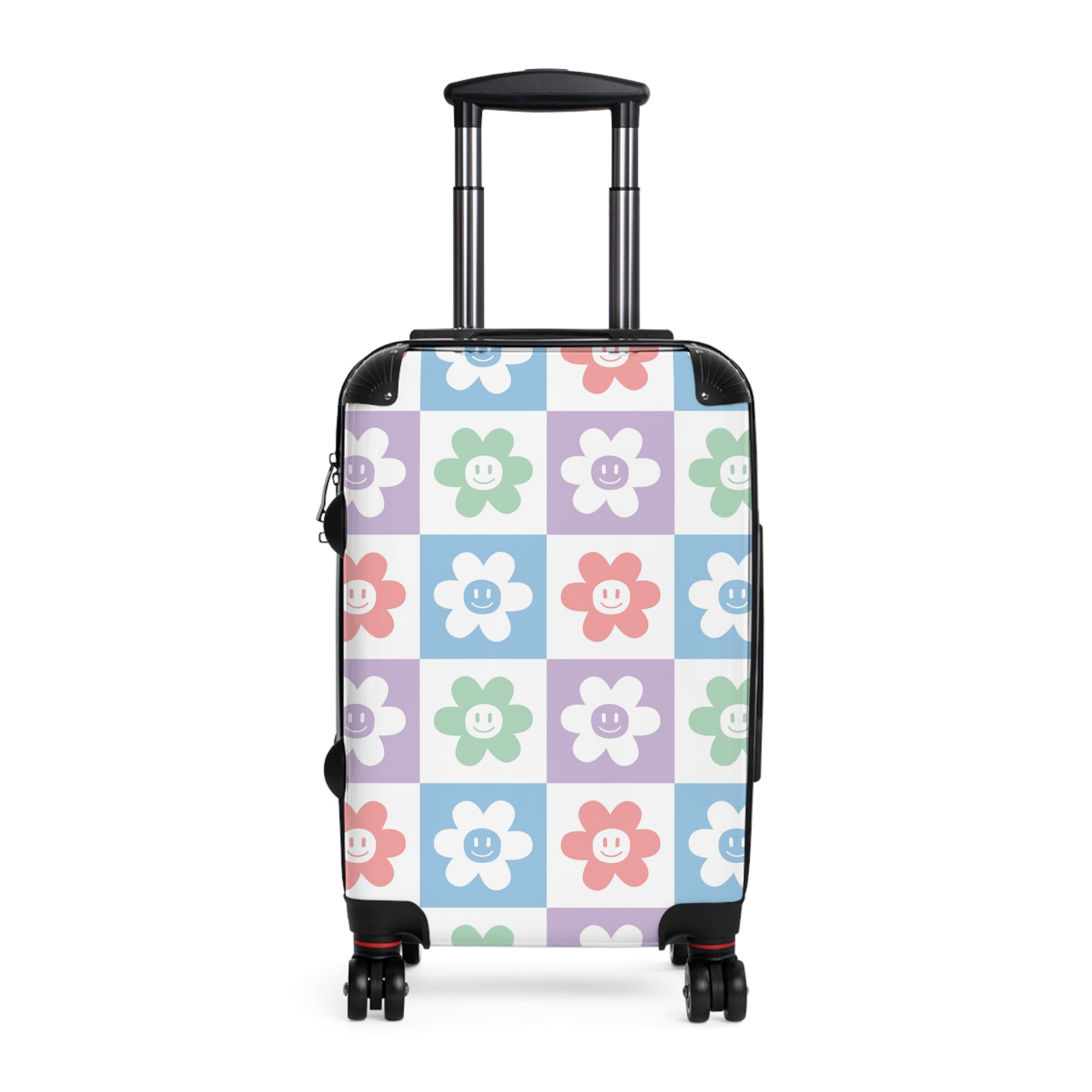 Chessboard x Smiley Face Flowers Multi-Color Suitcase, Artsulli - Art is Long, Life is Short, Bags, Size, Small, Color, Black, , , 10529178188414190111