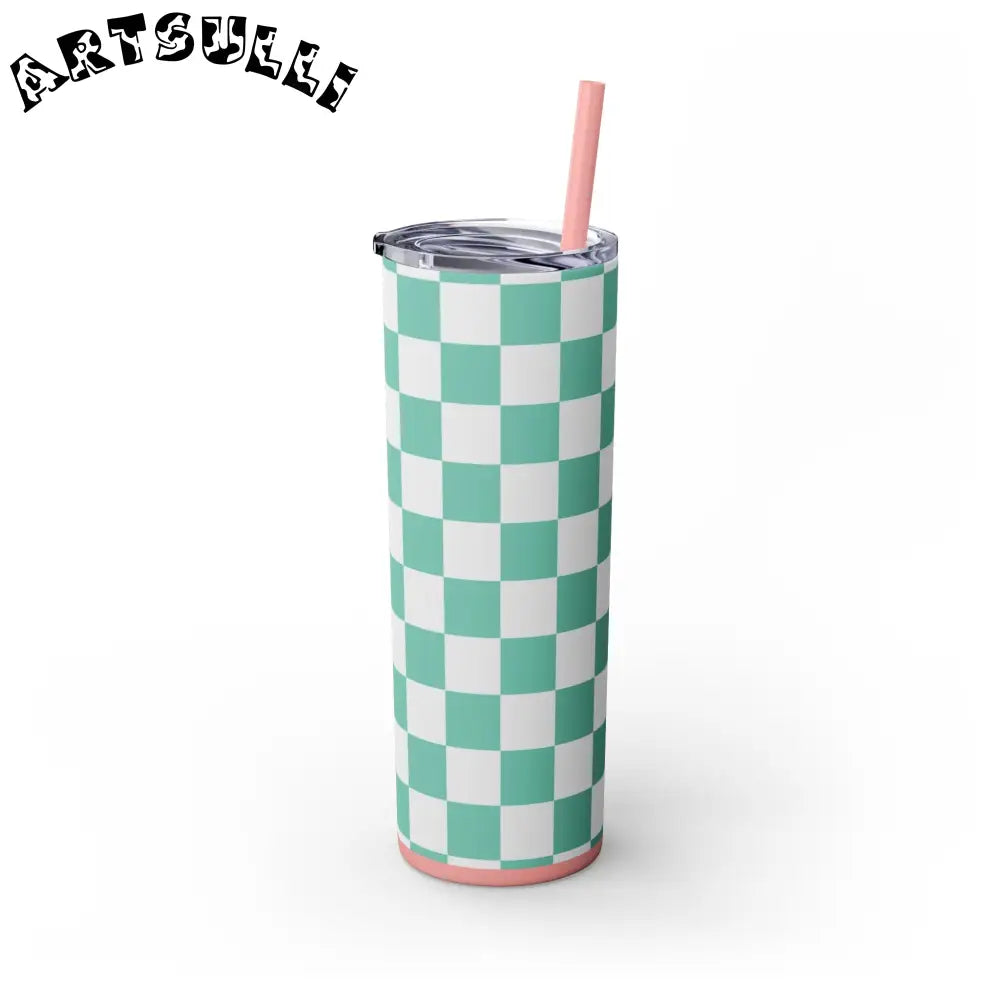 JAKKOUTTHEBXX Checkerboard Light Green Skinny Tumbler with Straw