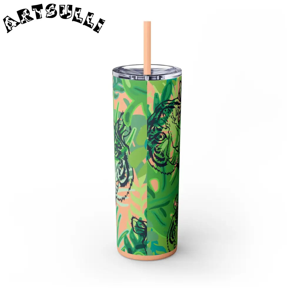 JAKKOUTTHEBXX Tropical Jungle Tigers Green Skinny Tumbler with Straw