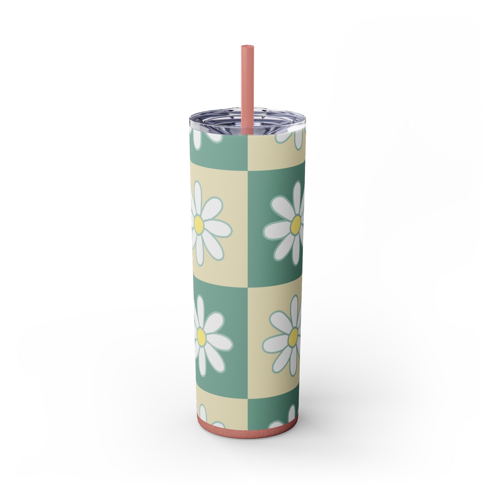 Retro Daisy Checkerboard Green and Tan Skinny Tumbler with Straw, 20oz, Artsulli - Art is Long, Life is Short, Mug, Finish, Glossy, Color, Glitter Dusty Rose, Size, 20oz, 12328947137297966395