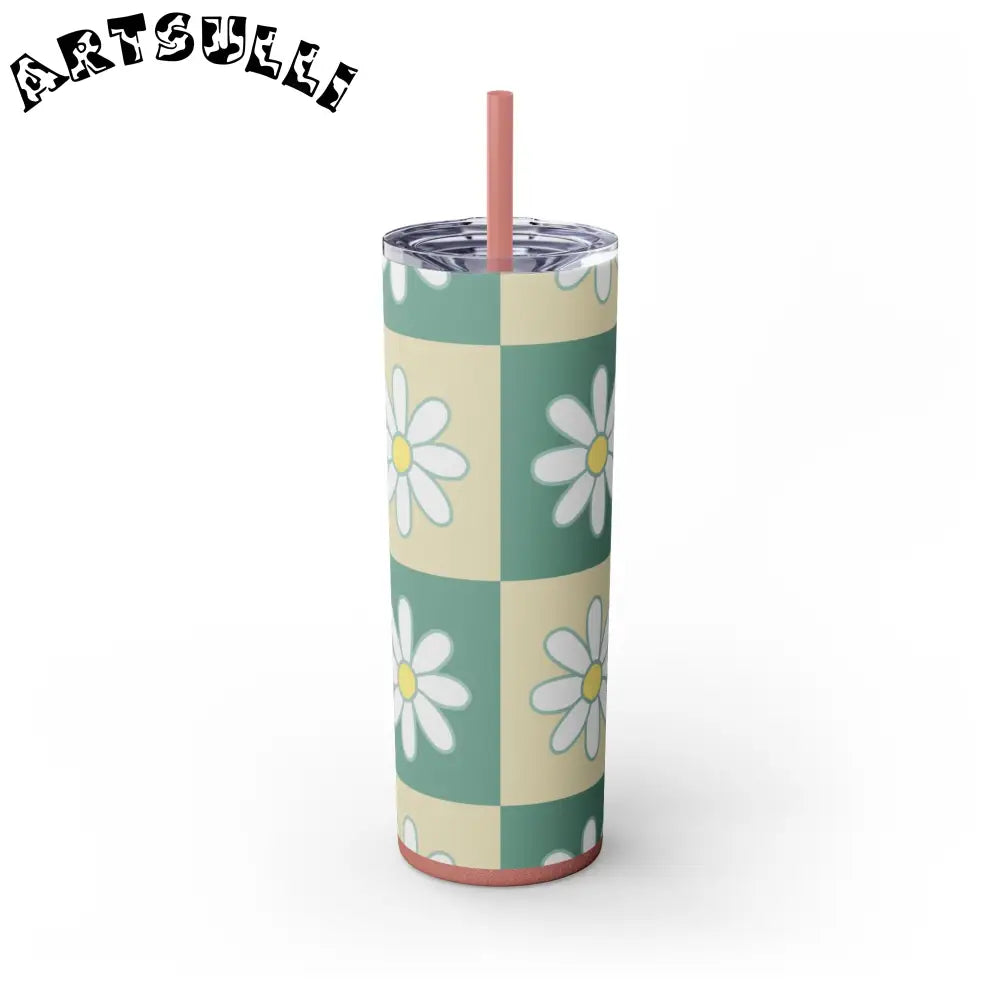 JAKKOUTTHEBXX Retro Daisy Checkerboard Green and Tan Skinny Tumbler