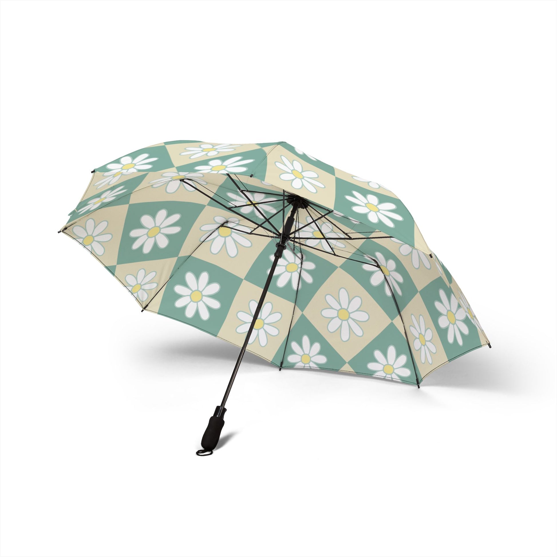 Retro Daisy Checkerboard Green and Tan Semi-Automatic Foldable Umbrella, Artsulli - Art is Long, Life is Short, Accessories, , , , , , , 