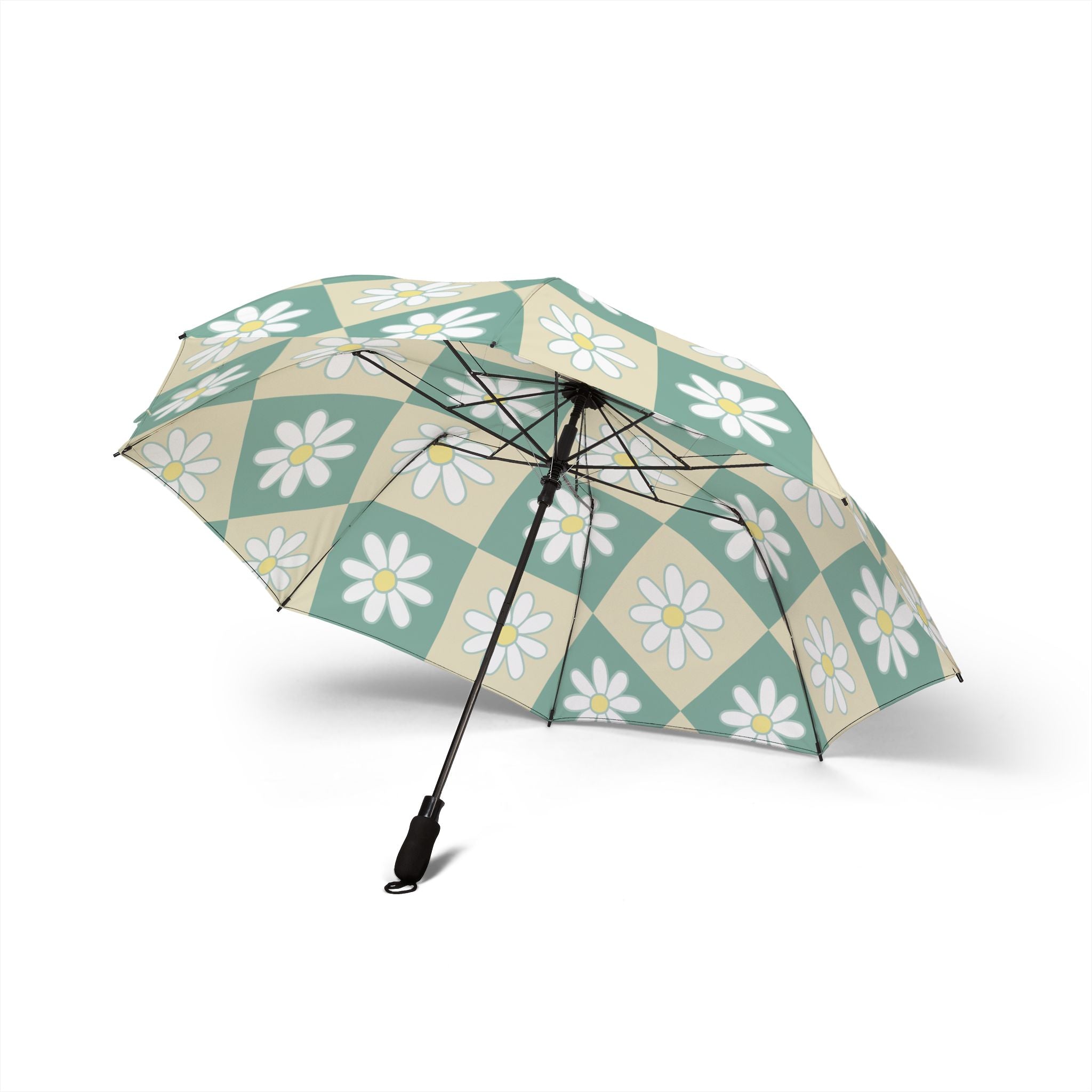 Retro Daisy Checkerboard Green and Tan Semi-Automatic Foldable Umbrella, Artsulli - Art is Long, Life is Short, Accessories, , , , , , , 
