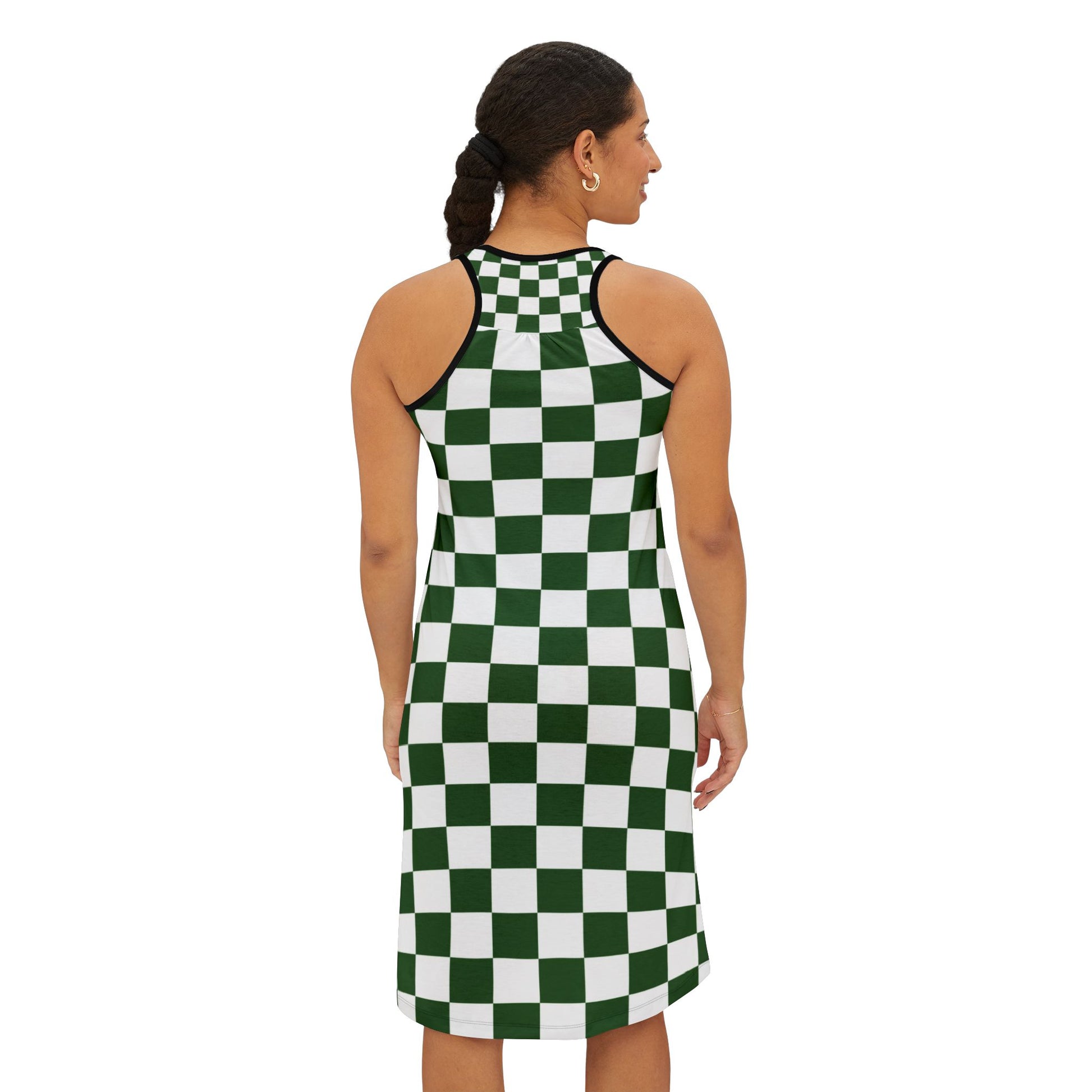 Checkerboard White and Dark Green Women's Racerback Dress (AOP), Artsulli - Art is Long, Life is Short, Tank Top, , , , , , , 