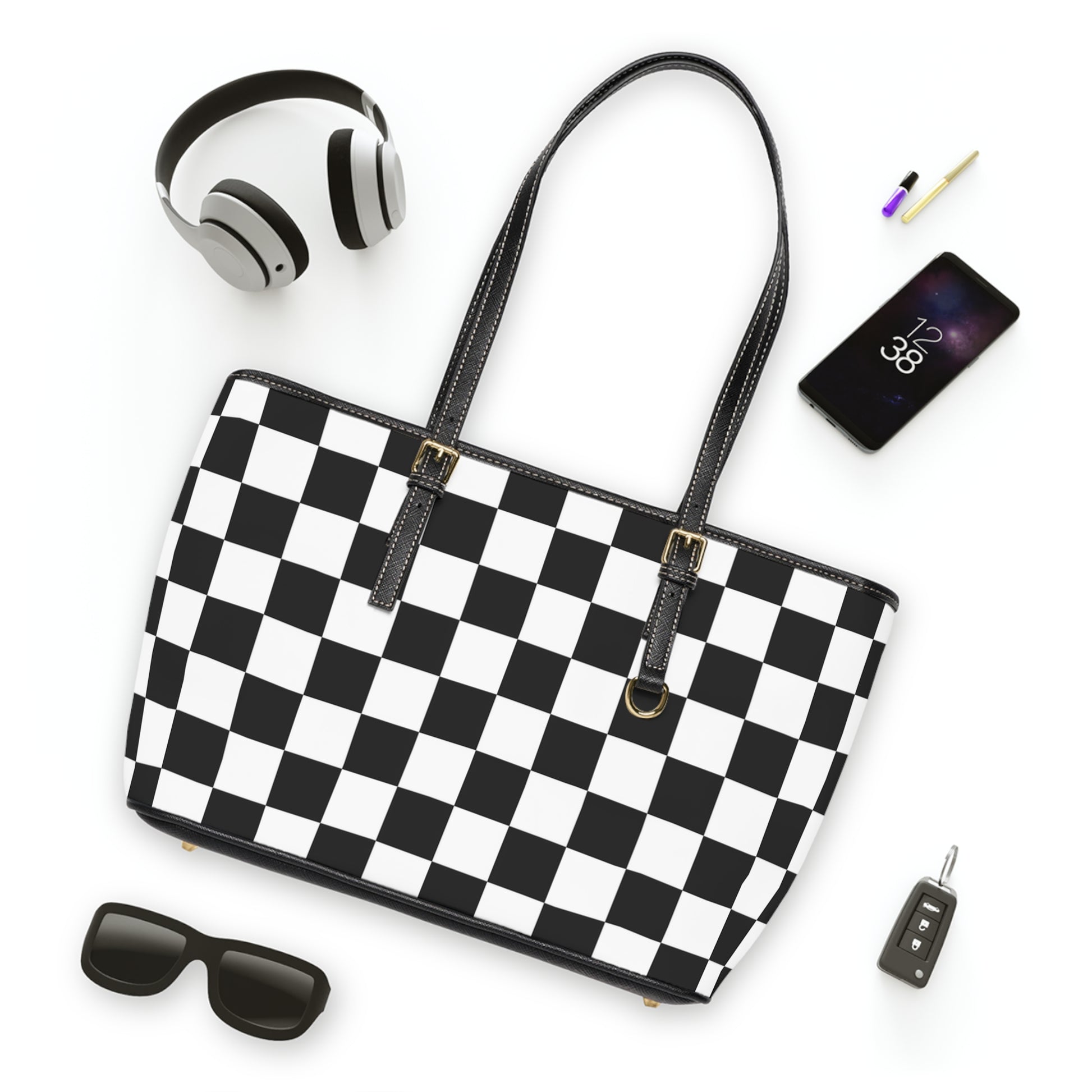 Checkerboard White and Black PU Leather Shoulder Bag, Artsulli - Art is Long, Life is Short, Bags, , , , , , , 