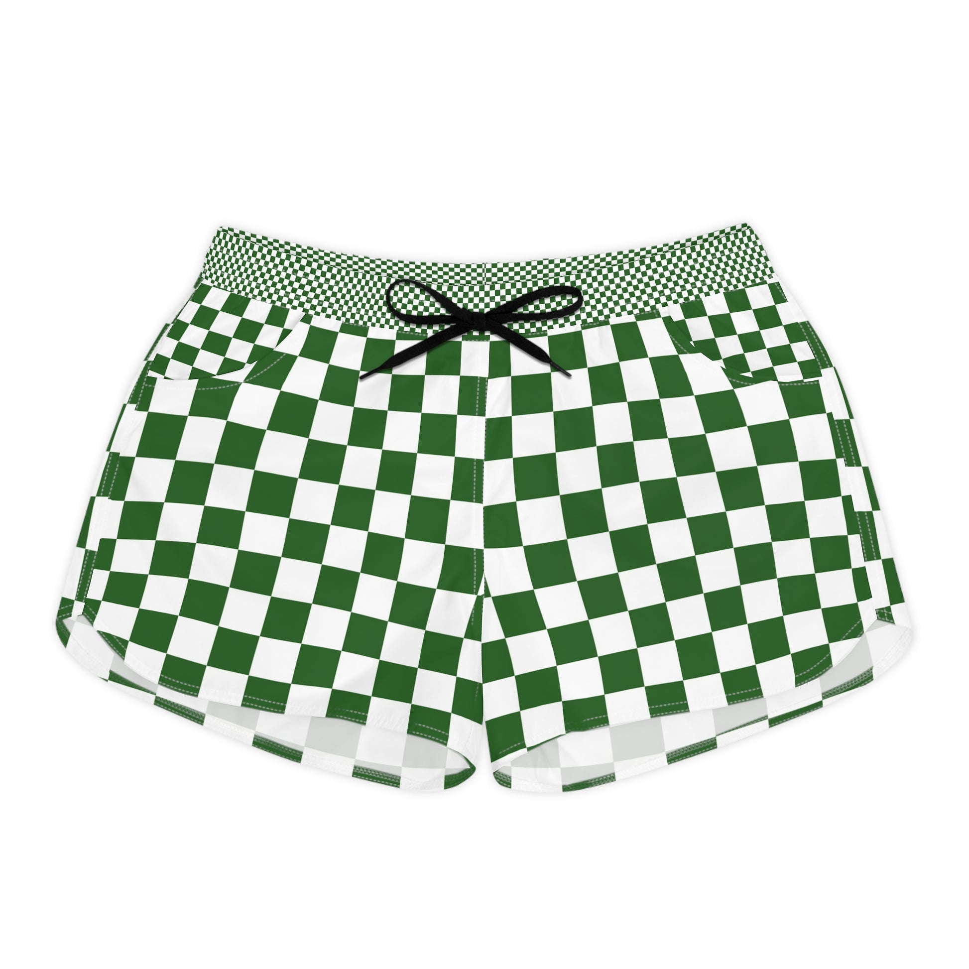 Checkerboard White and Dark Green Women's Casual Shorts (AOP), Artsulli - Art is Long, Life is Short, All Over Prints, Size, S, Color, Black drawstring, , , 17406987313397137641