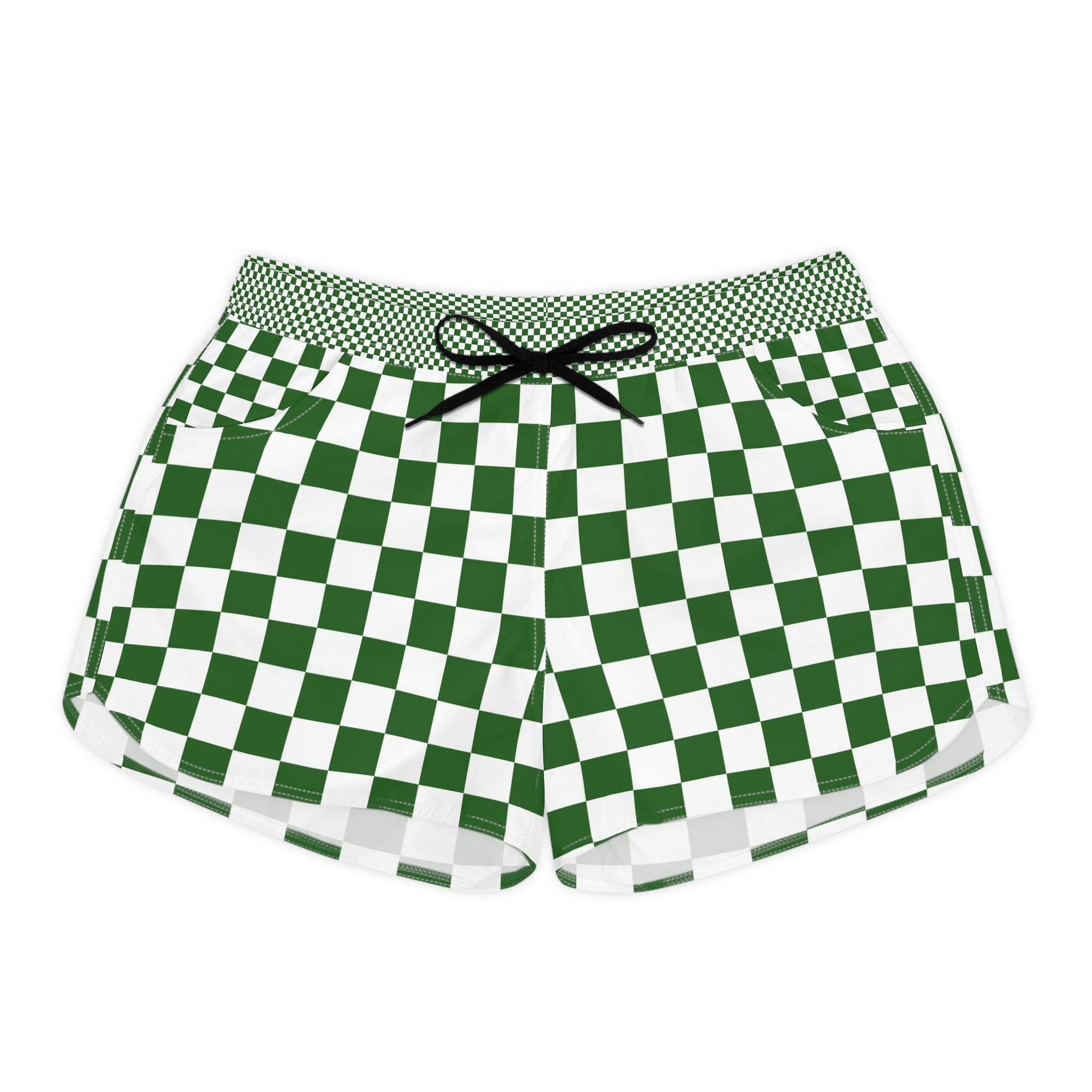 Checkerboard White and Dark Green Women's Casual Shorts (AOP), Artsulli - Art is Long, Life is Short, All Over Prints, Size, S, Color, Black drawstring, , , 17406987313397137641