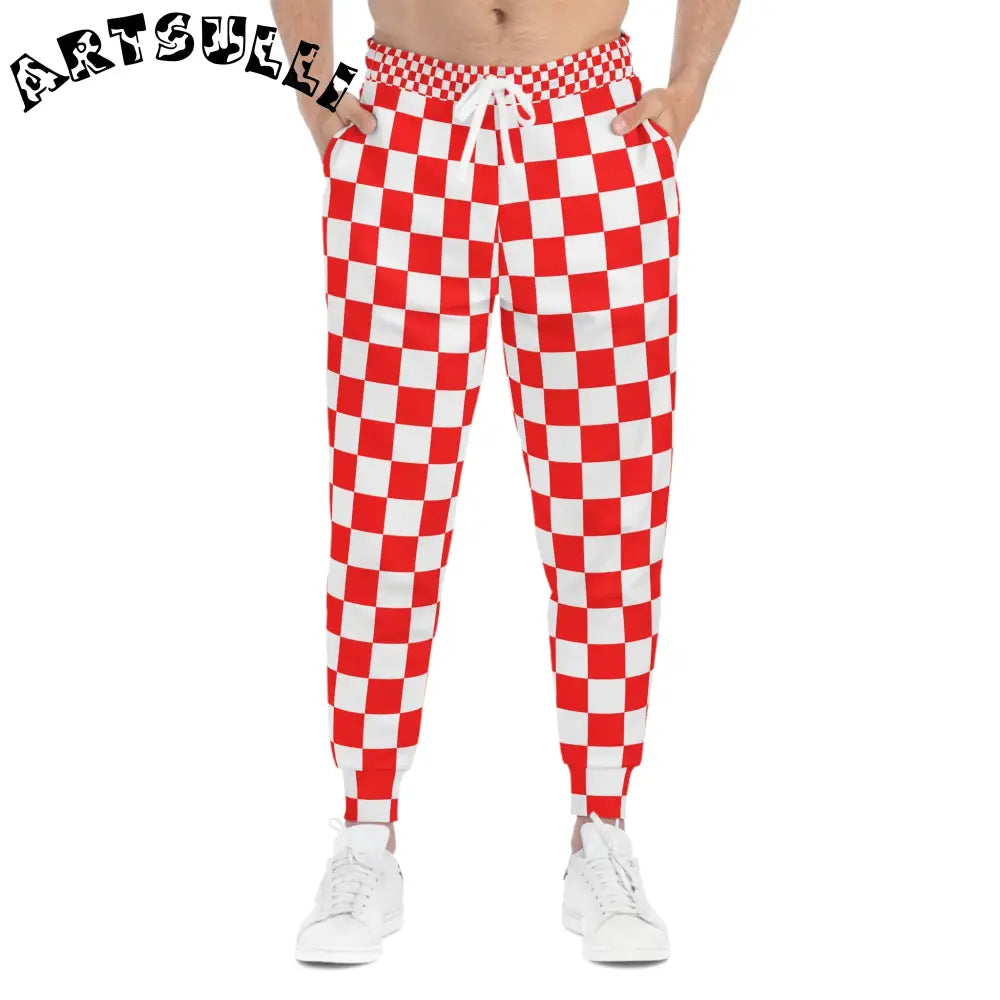 JAKKOUTTHEBXX Checkerboard Red and White Athletic Joggers (AOP)