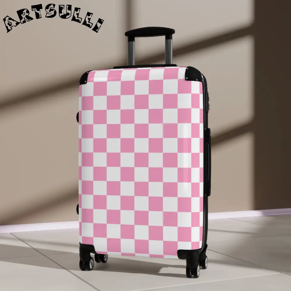 JAKKOUTTHEBXX Checkerboard Hot Pink and White Suitcase JAKKOUTTHEBXX