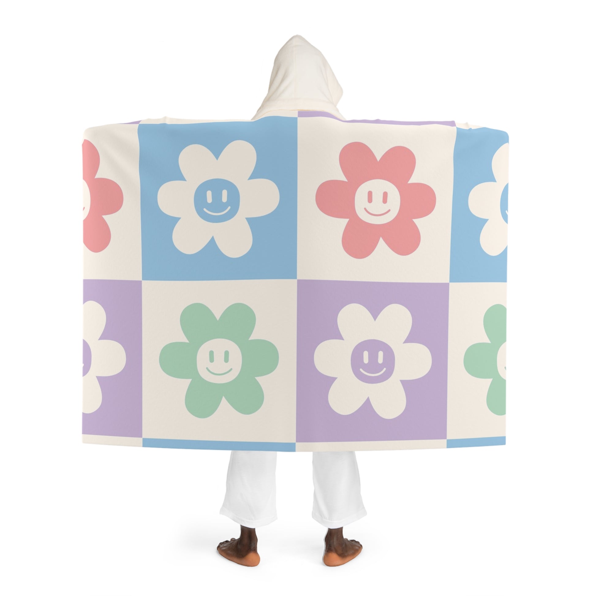 Chessboard x Smiley Face Flowers Multi-Color Hooded Sherpa Fleece Blanket, Artsulli - Art is Long, Life is Short, All Over Prints, , , , , , , 
