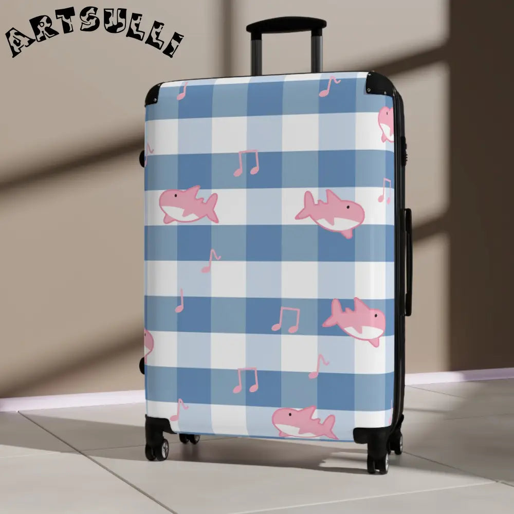 JAKKOUTTHEBXX Checkered Traveling Suitcase with Pink Sharks and Music Notes 2025