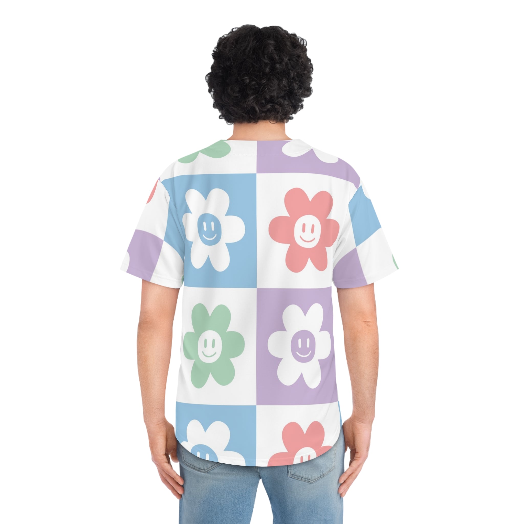 Chessboard x Smiley Face Flowers Multi-Color Men's Baseball Jersey (AOP), Artsulli - Art is Long, Life is Short, All Over Prints, , , , , , , 