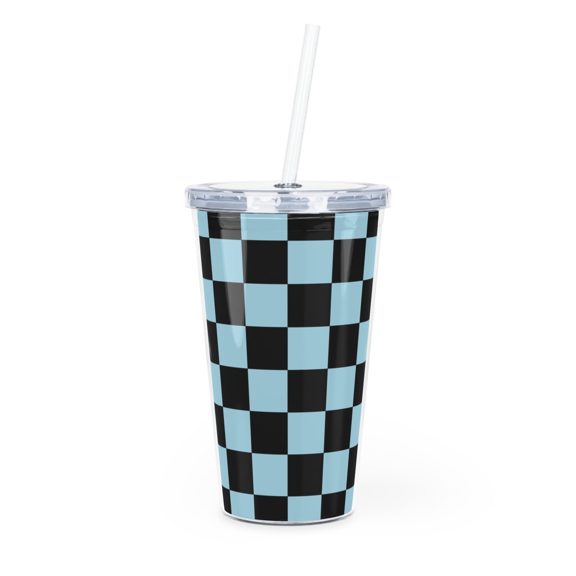 Checkerboard Black and Blue Plastic Tumbler with Straw, Artsulli - Art is Long, Life is Short, Mug, Size, 20oz, Color, Transparent, , , 15389017217417052166