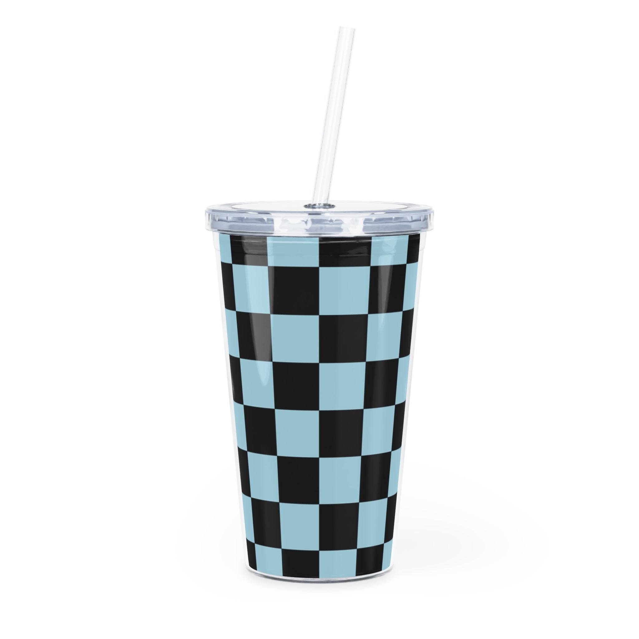 Checkerboard Black and Blue Plastic Tumbler with Straw, Artsulli - Art is Long, Life is Short, Mug, Size, 20oz, Color, Transparent, , , 15389017217417052166