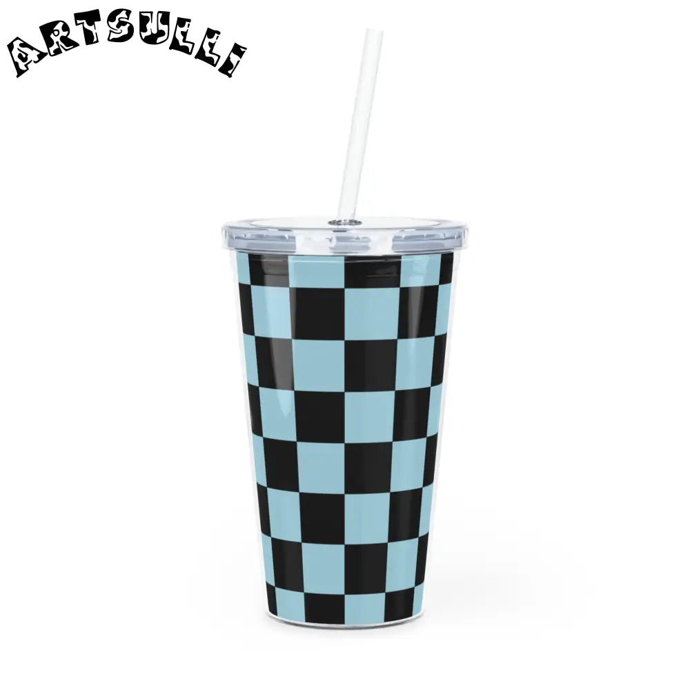 JAKKOUTTHEBXX Checkerboard Black and Blue Plastic Tumbler with Straw