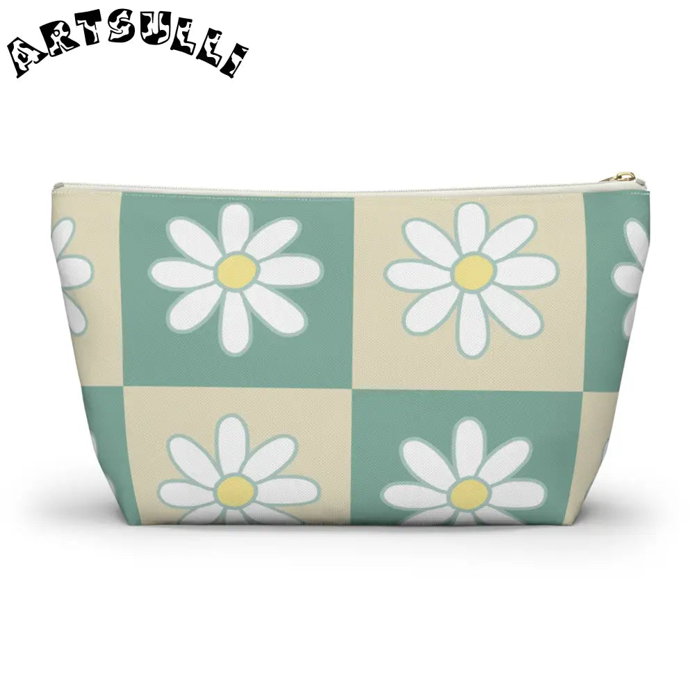 JAKKOUTTHEBXX Retro Daisy Checkerboard Green and Tan Accessory Pouch