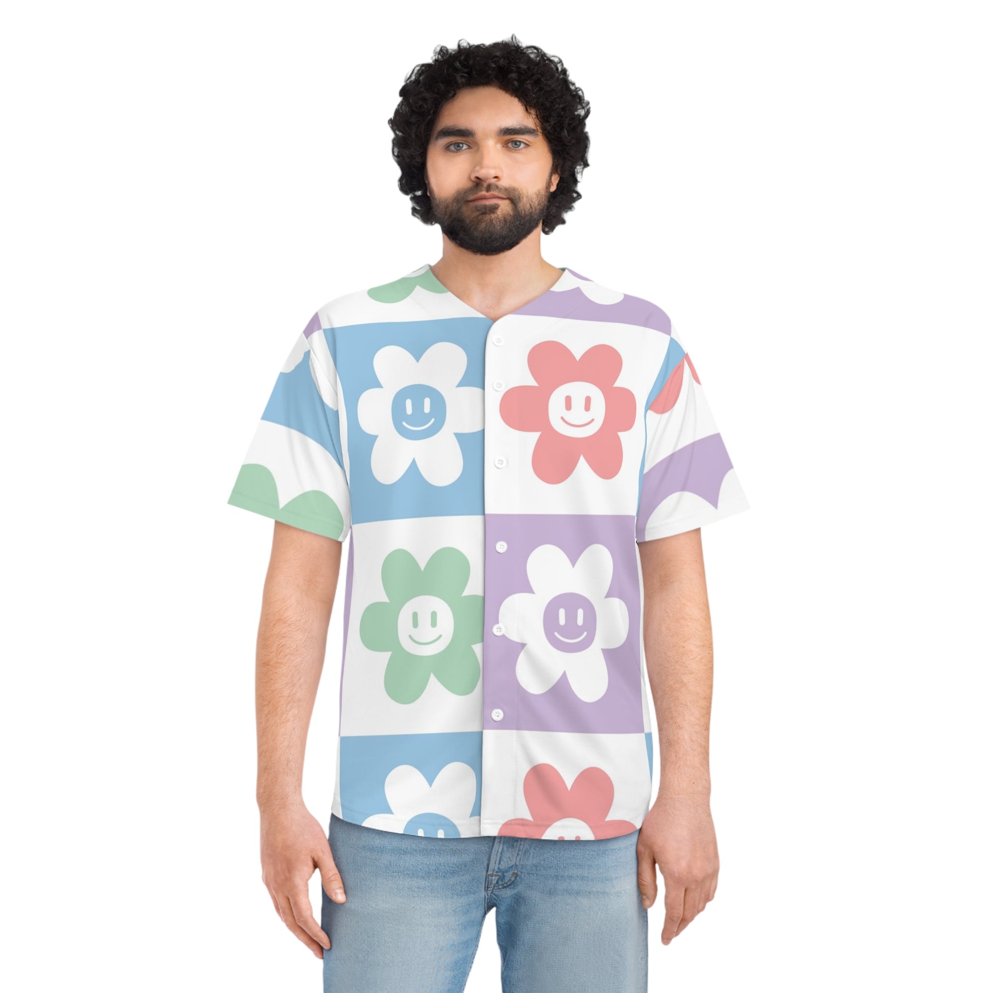 Chessboard x Smiley Face Flowers Multi-Color Men's Baseball Jersey (AOP), Artsulli - Art is Long, Life is Short, All Over Prints, , , , , , , 